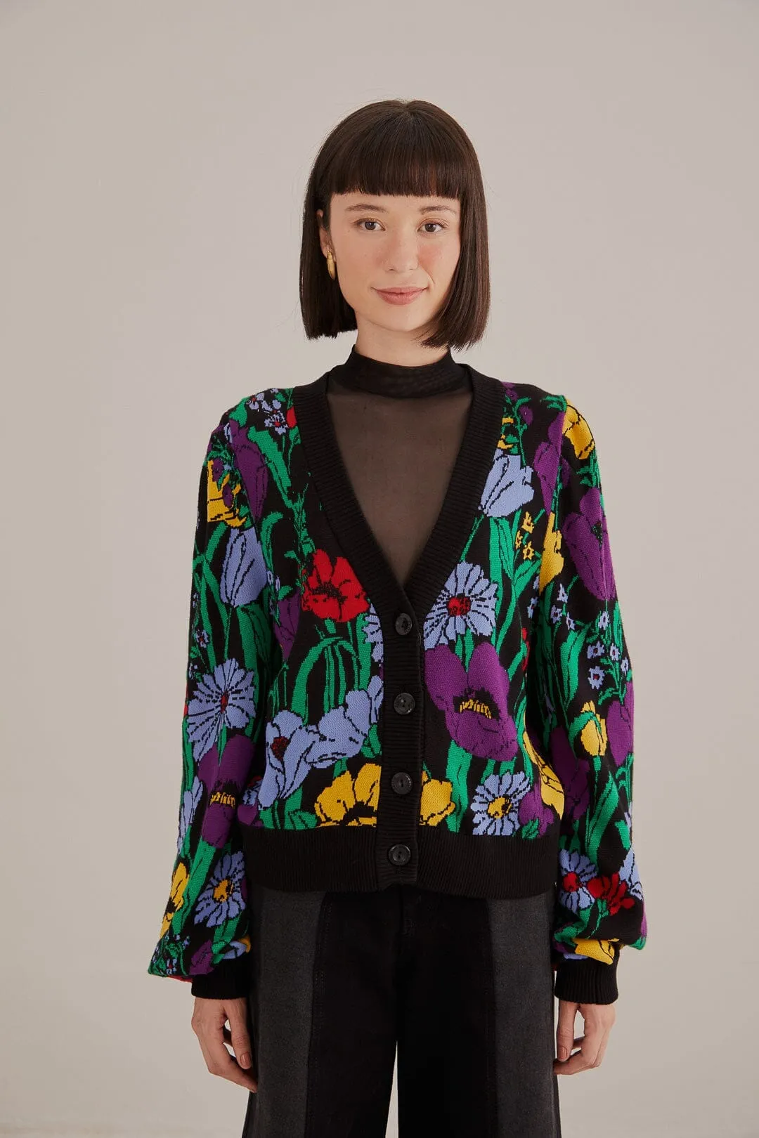 Black Bucolic Garden Knit Cardigan Smart Chic