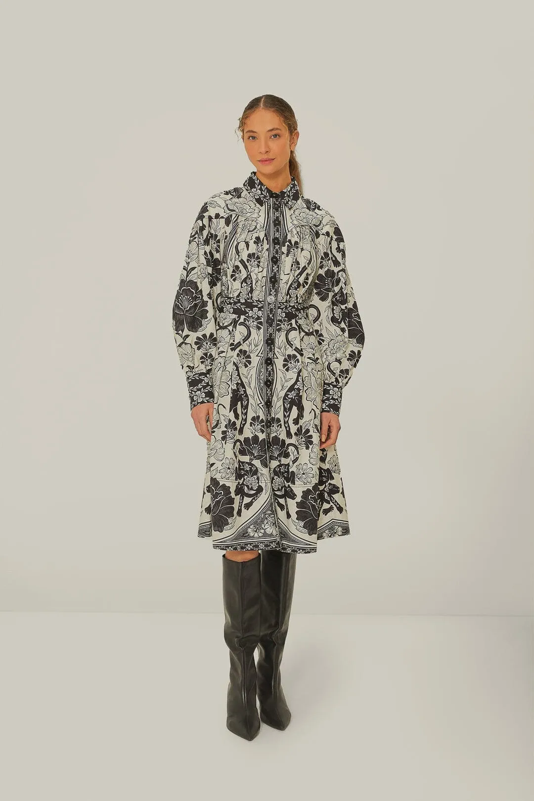Metro Stop Relaxed Design Off-White Flower Leopards Collared Midi Dress