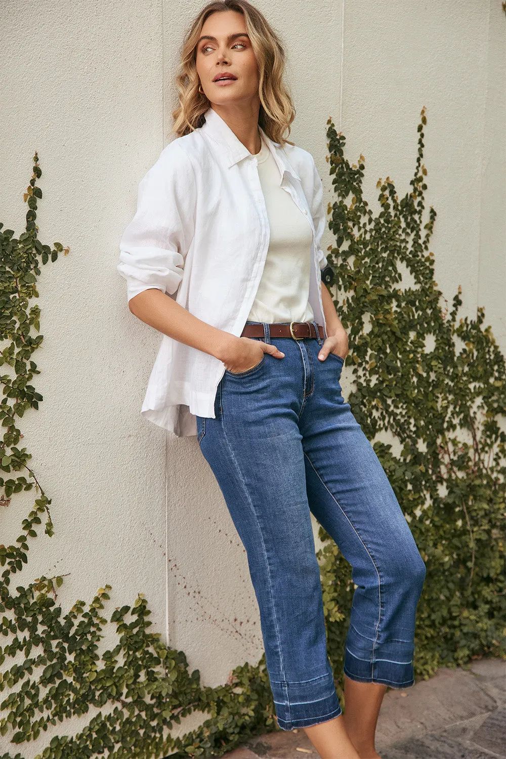 Adrift Denim Cropped Straight Leg Jeans in Mid Wash Non Restrictive Cut