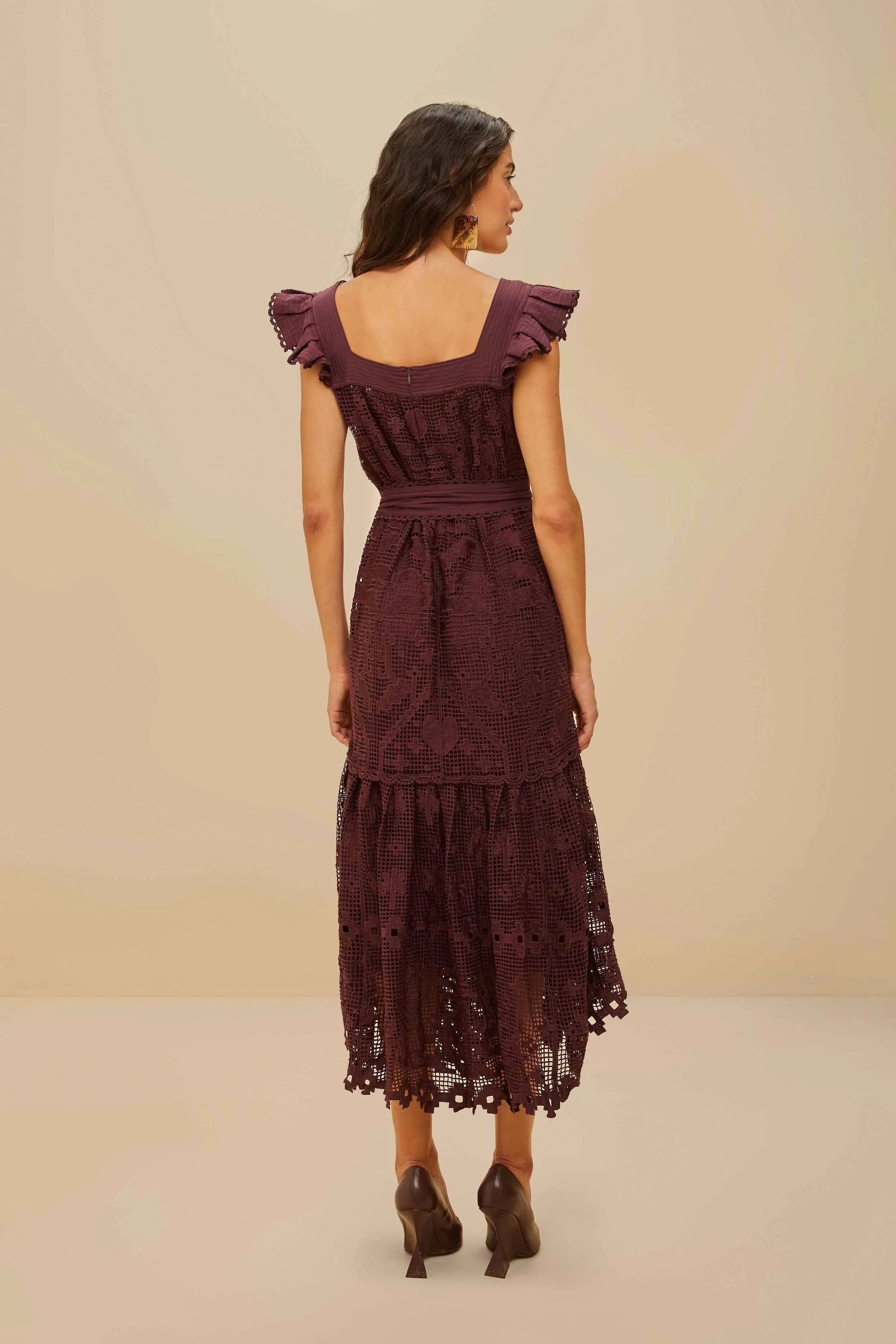 Brown Pineapple Guipure Midi Dress Metal Shine