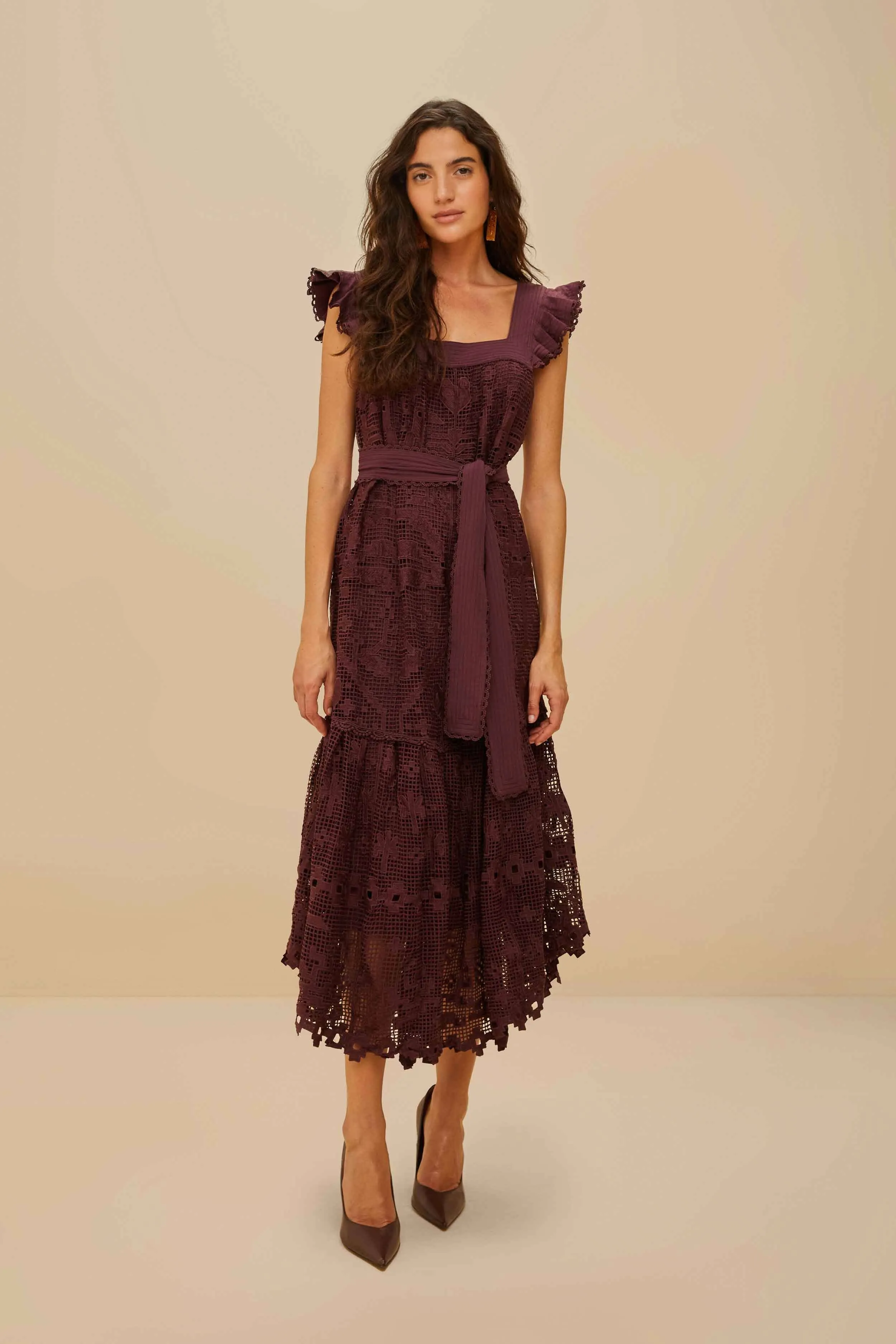 Brown Pineapple Guipure Midi Dress Soft Flow Midi dress with waist tie