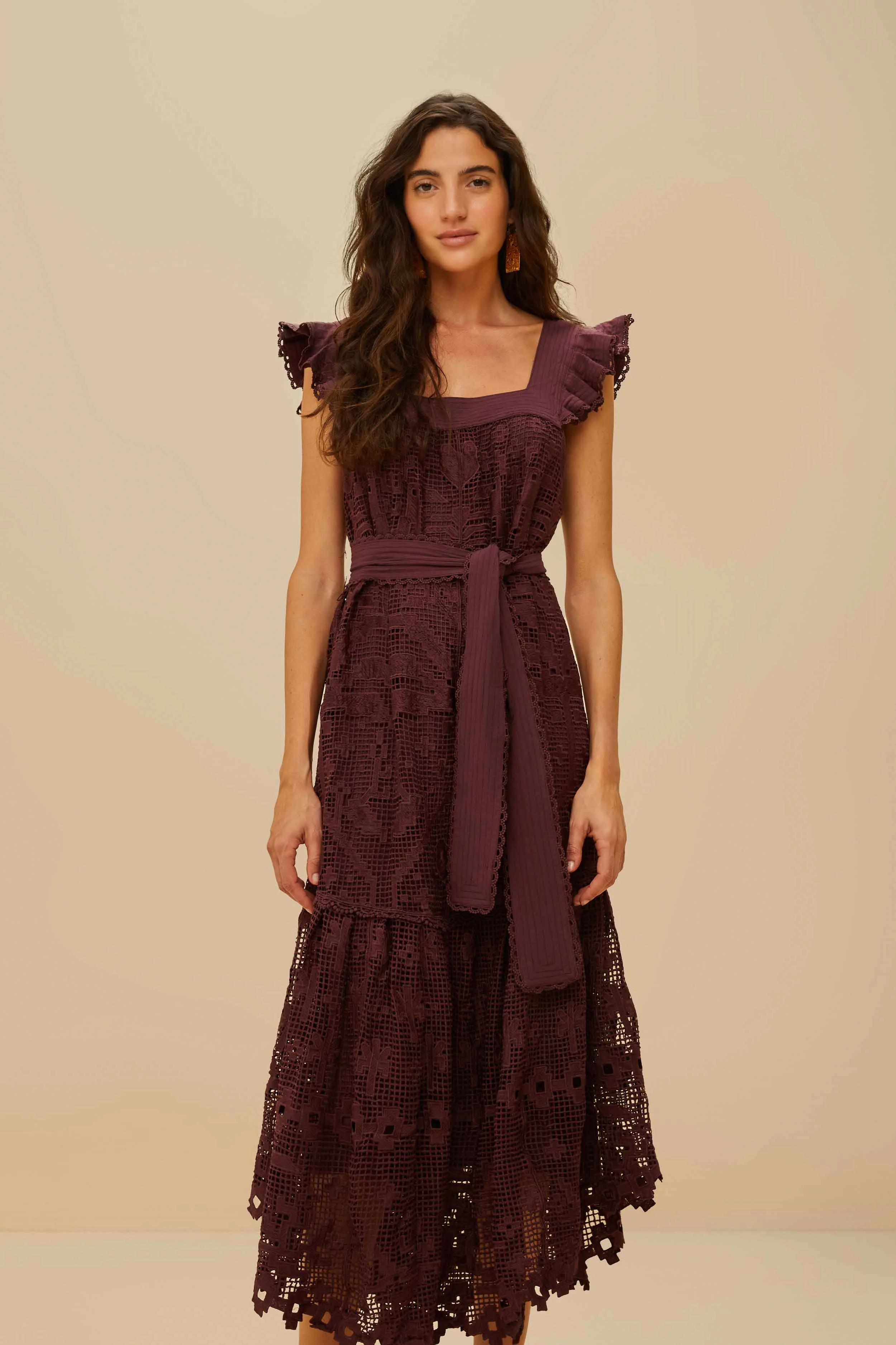 Pasture View Brown Pineapple Guipure Midi Dress