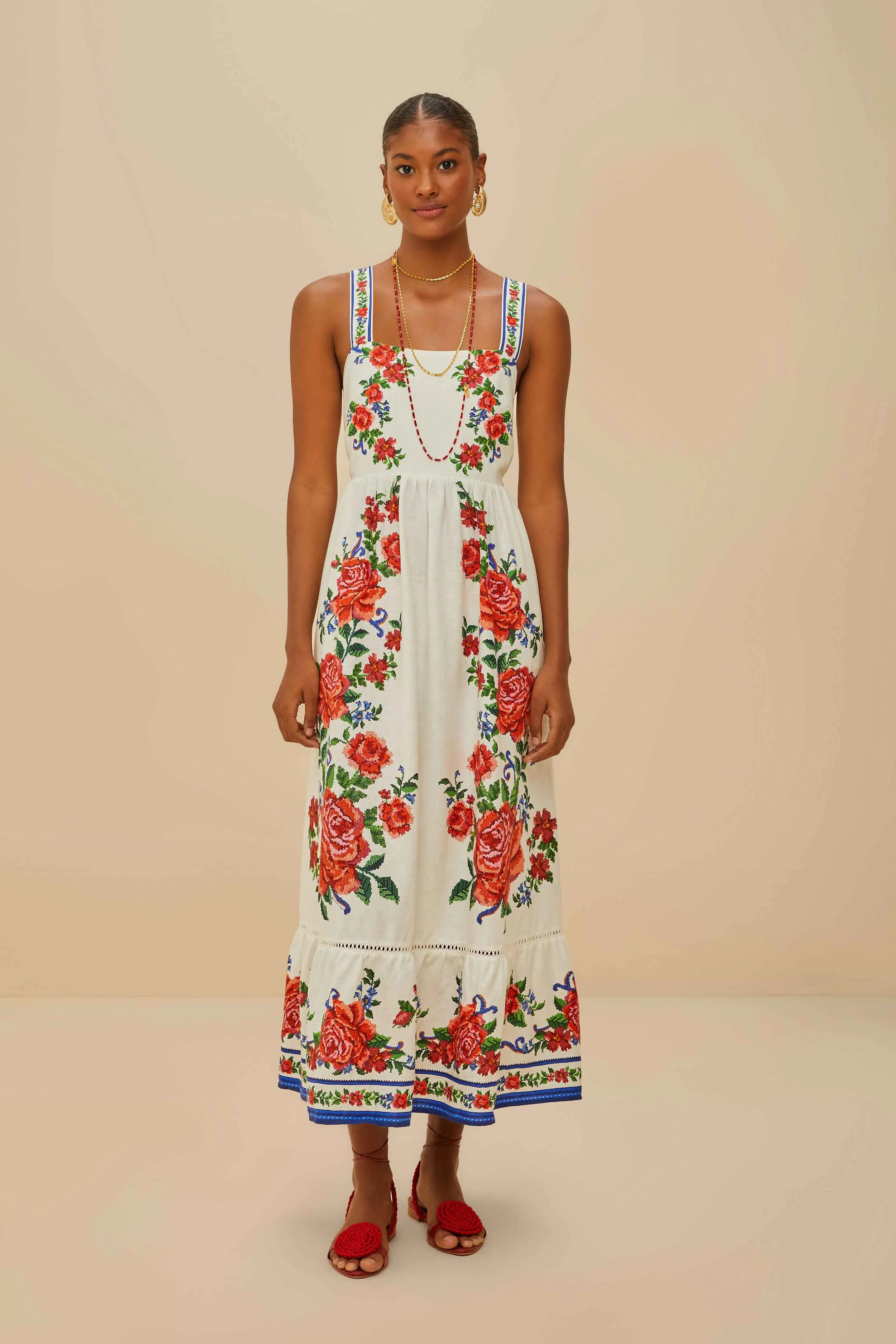 Off-White Flower Tapestry LENZING? ECOVERO? Euroflax? Maxi Dress Roof View