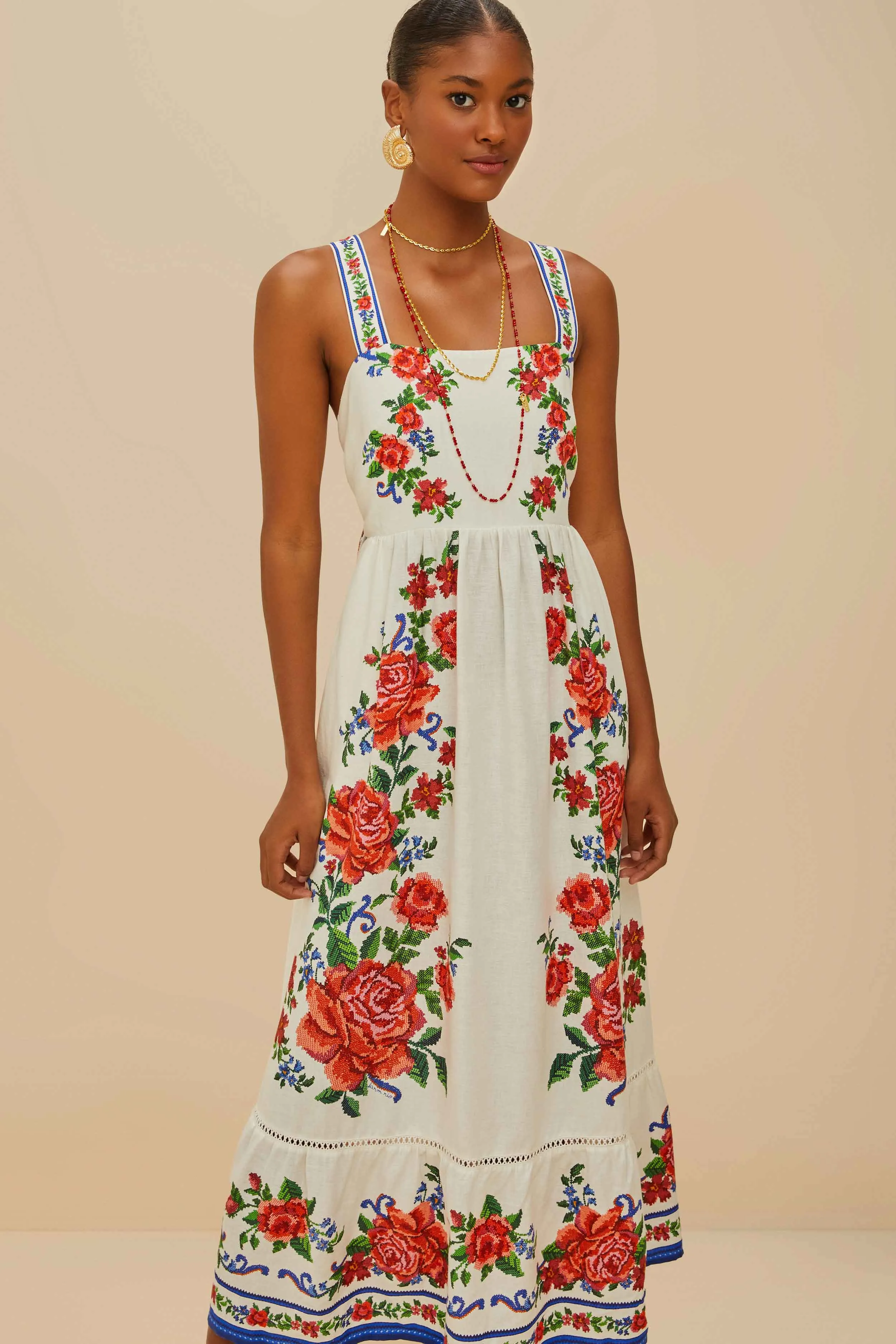 Trendy evening gown Wool Glow Off-White Flower Tapestry LENZING? ECOVERO? Euroflax? Maxi Dress