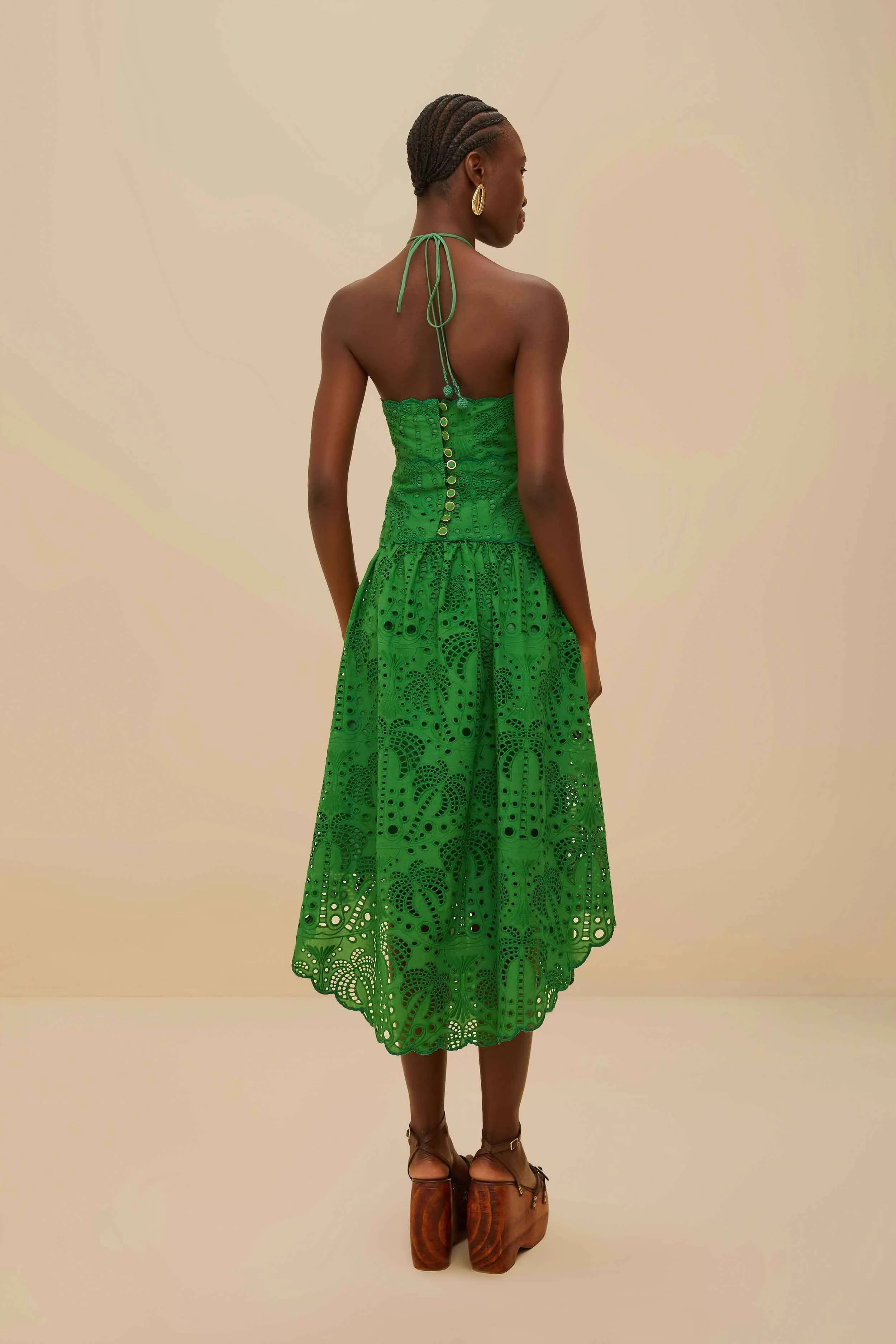 Modern Feminine Chic dinner outfit Green Palm Tree Eyelet Halter Neck Midi Dress