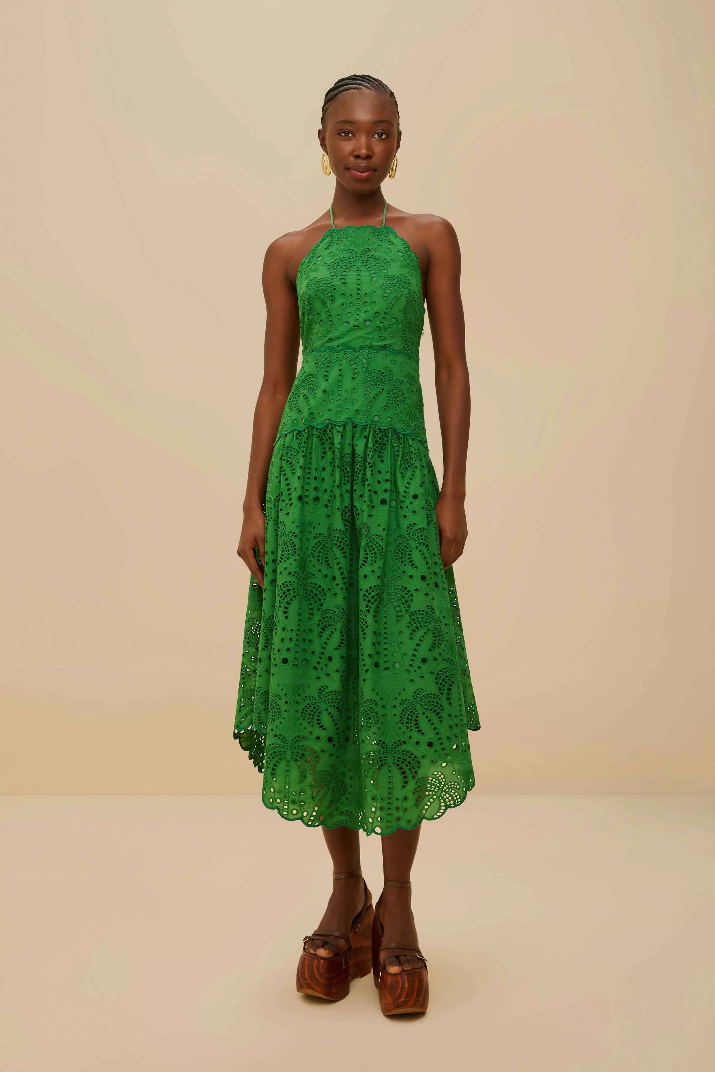 Green Palm Tree Eyelet Halter Neck Midi Dress Soft Flow
