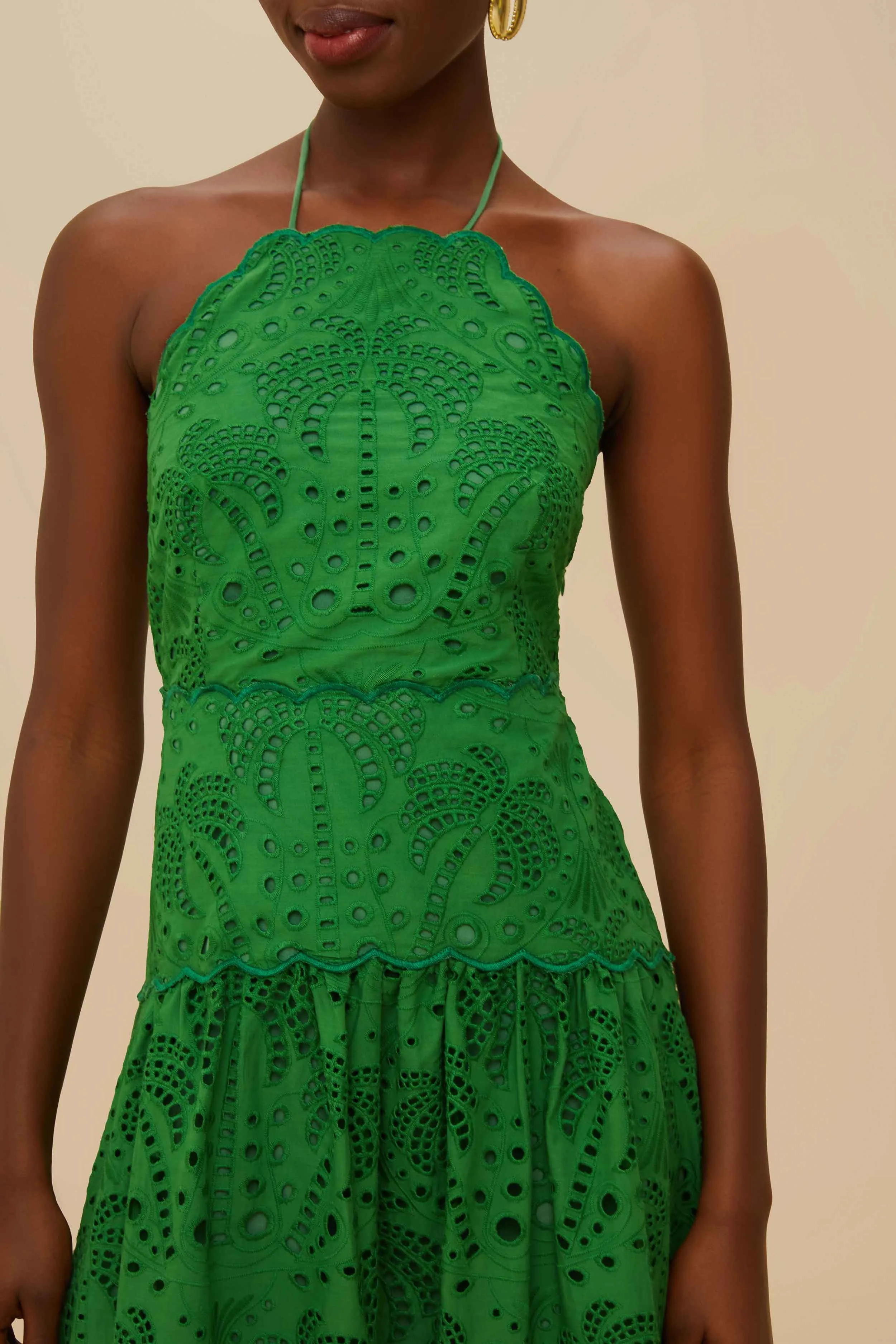 Green Palm Tree Eyelet Halter Neck Midi Dress Star Light