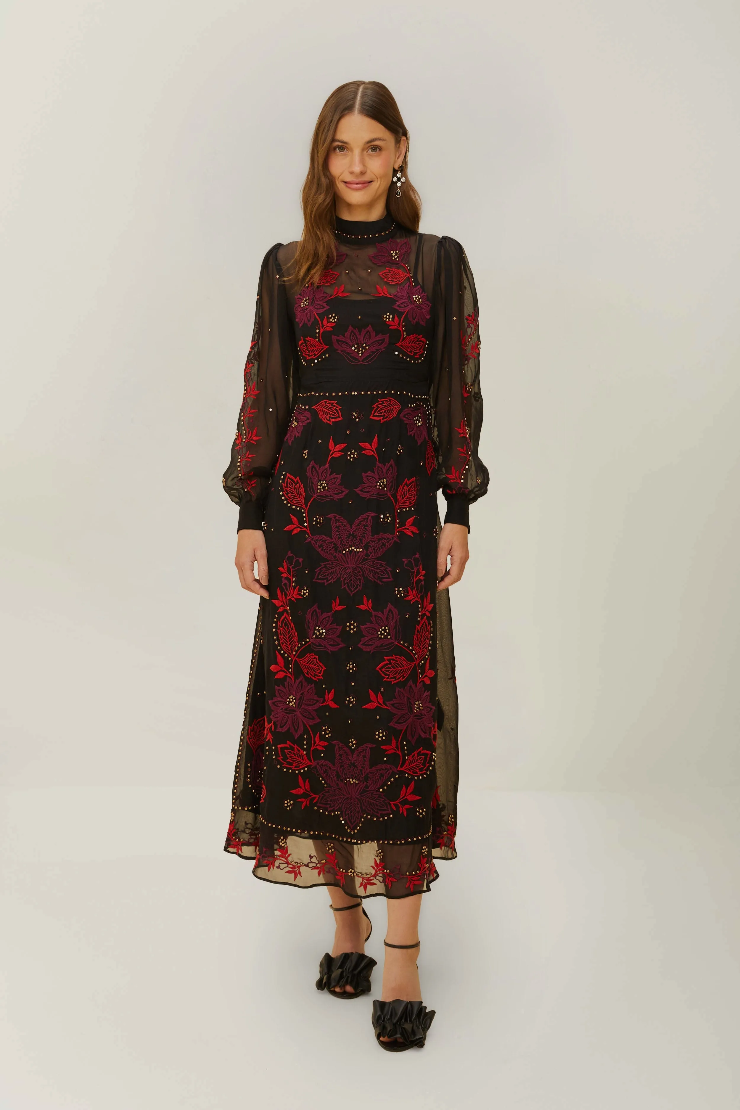 Black Organza Long Sleeve Midi Dress Candle Glow