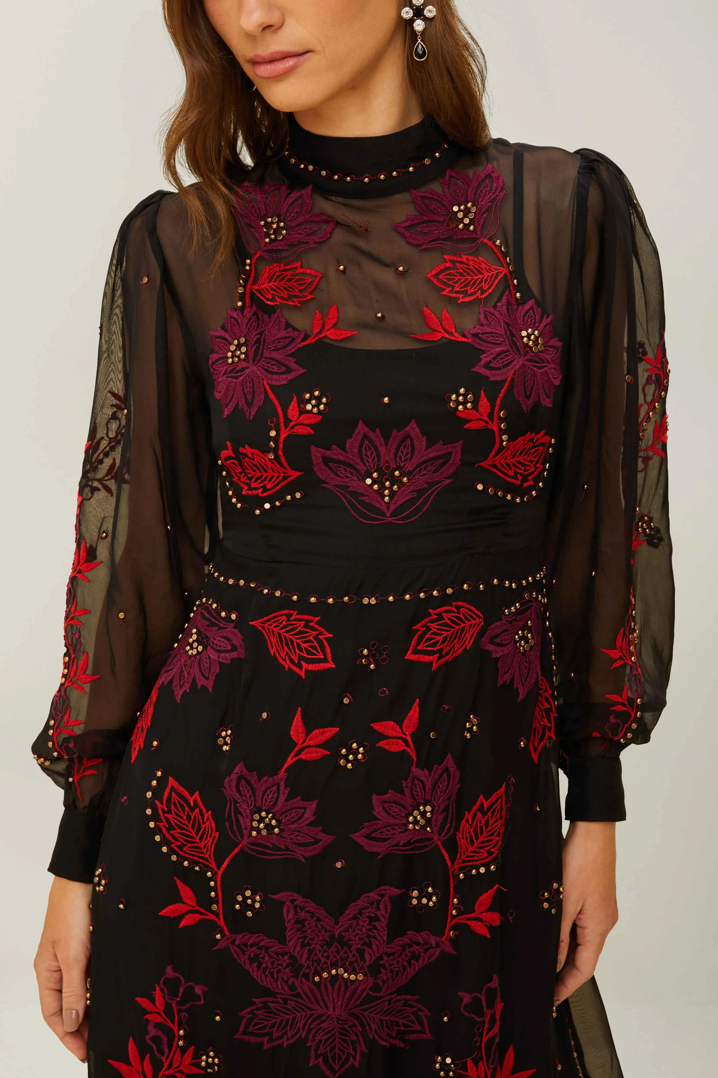 Modern Edge Black Organza Long Sleeve Midi Dress