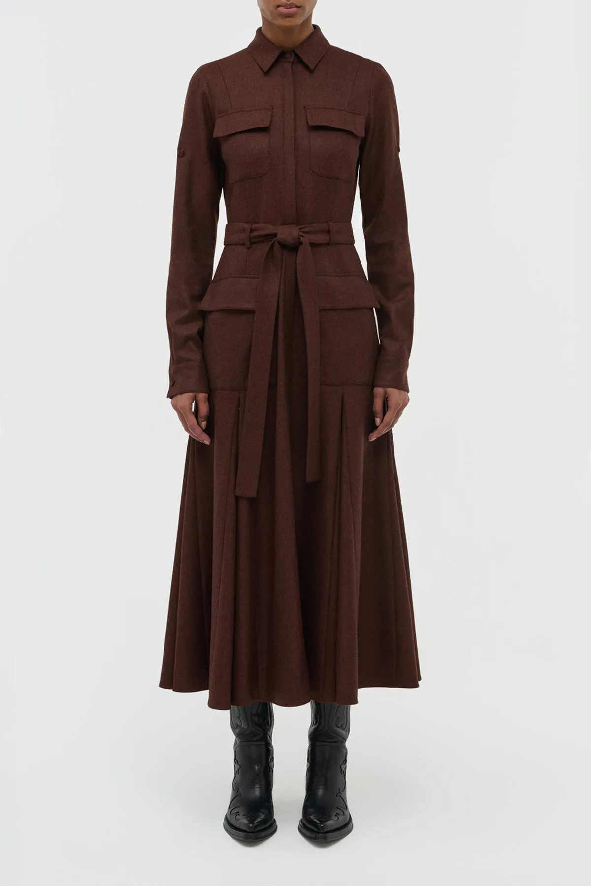 AbrasiveReinforcedZones Sheer Glow Meyer Pleated Maxi Shirtdress in Burnt Sienna Wool Cashmere Flannel