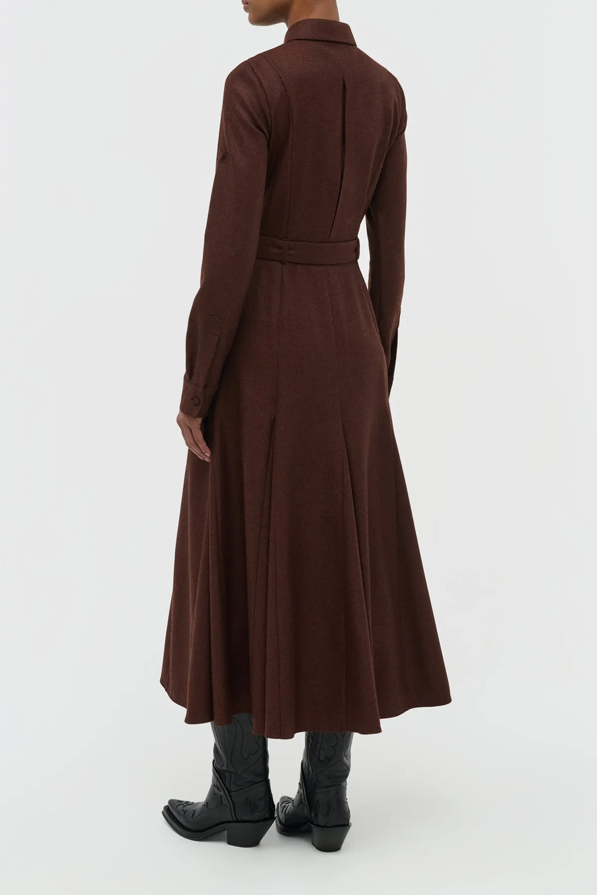 Meyer Pleated Maxi Shirtdress in Burnt Sienna Wool Cashmere Flannel Tagless Design
