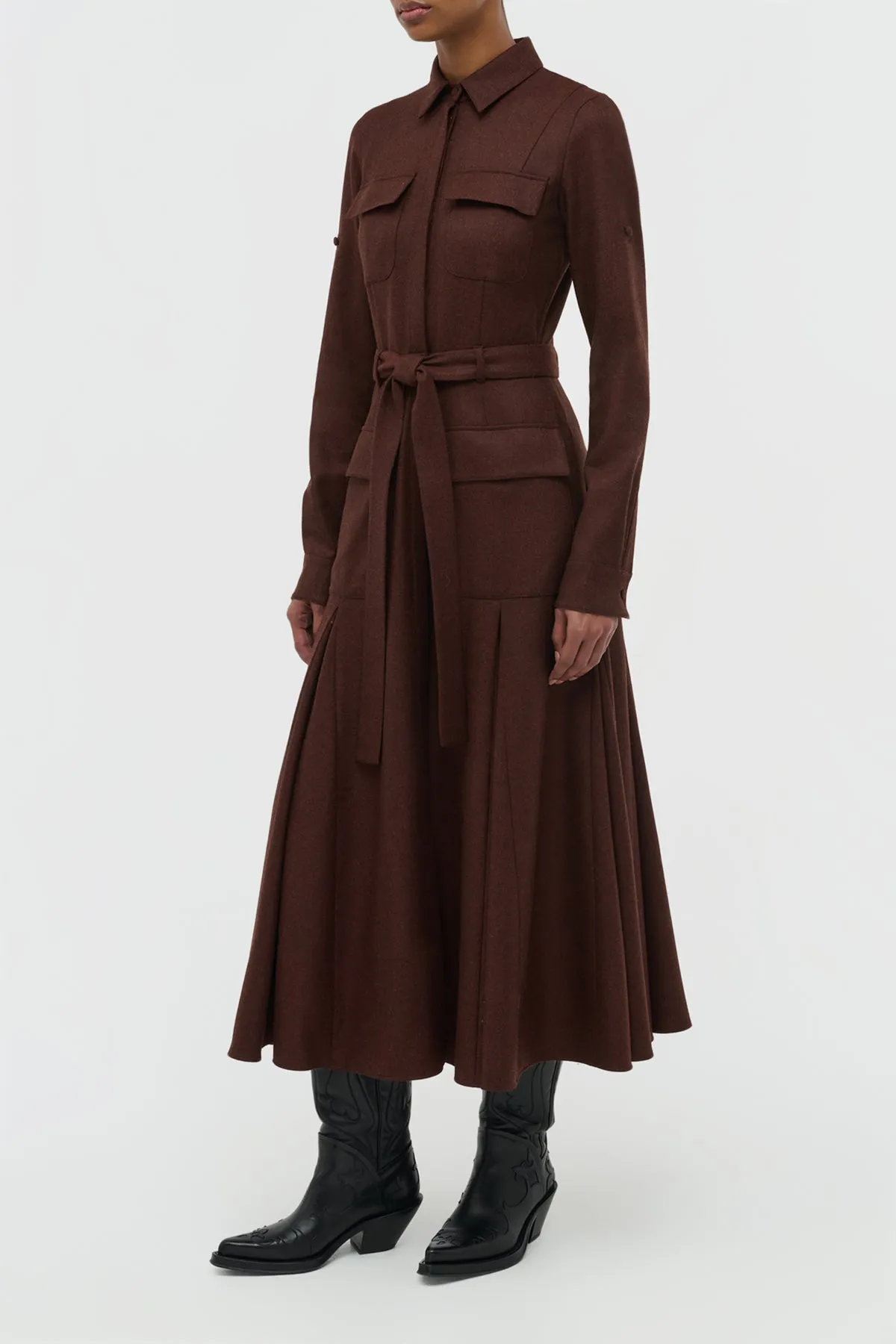 Meyer Pleated Maxi Shirtdress in Burnt Sienna Wool Cashmere Flannel Mountain Cool