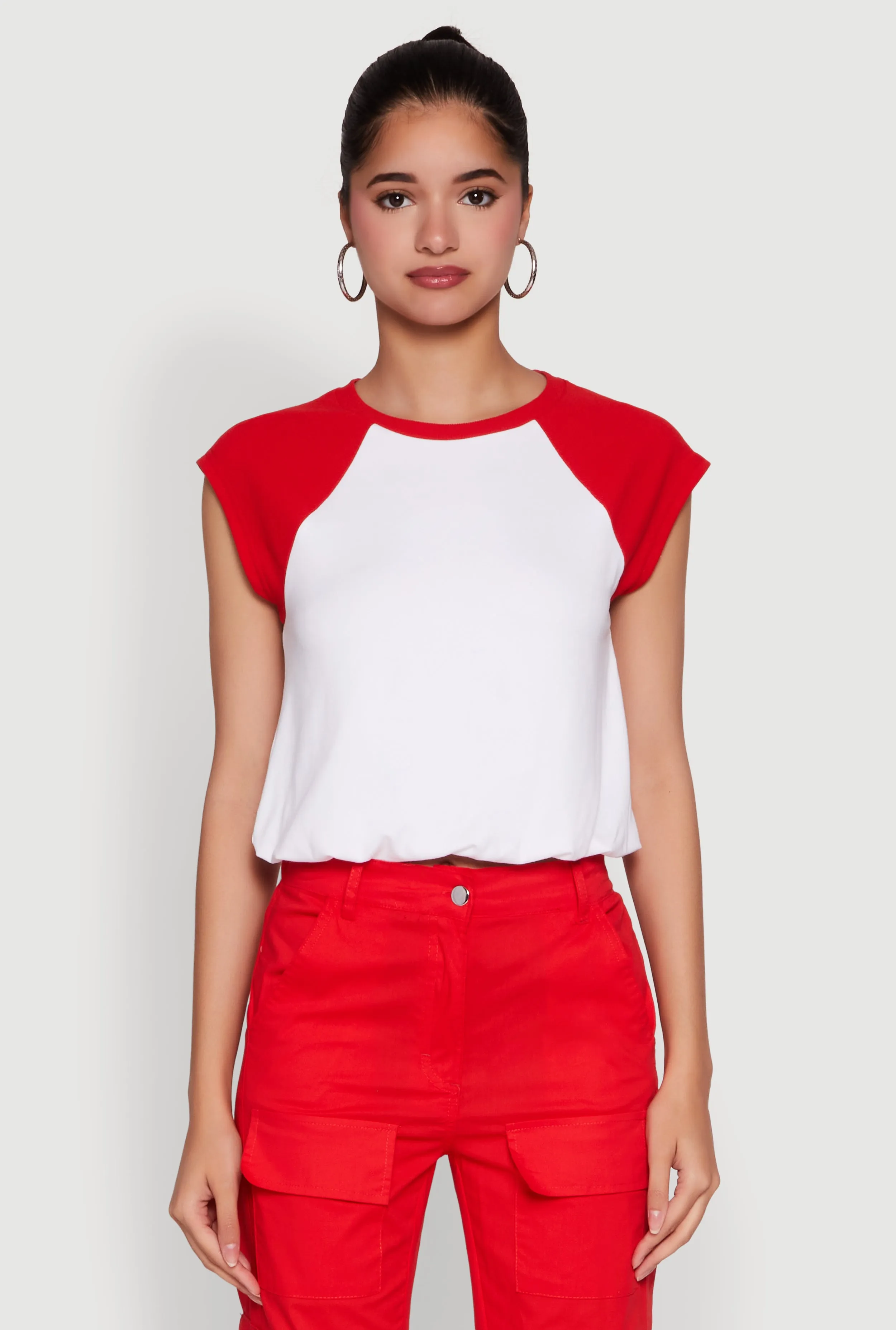 Madden Girl Raglan Sleeve Bubble Hem Crop Top Functional Fashion Stretchable