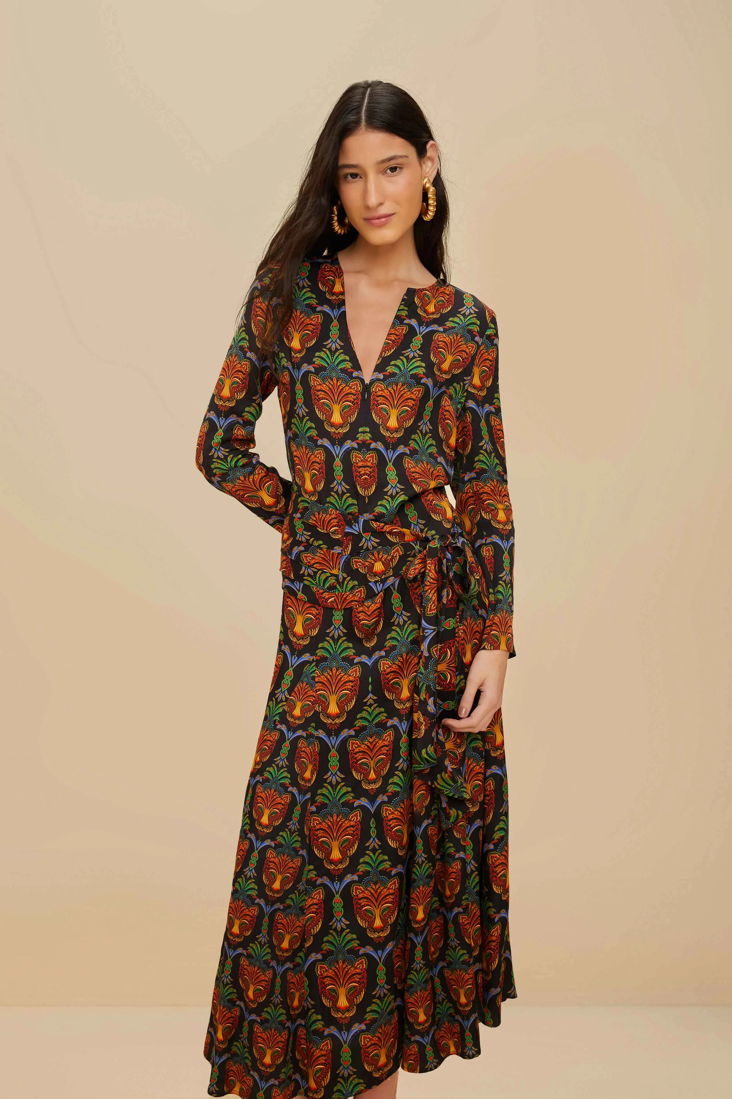 Black Boho Panther LENZING? ECOVERO? Viscose Midi Dress Any Day Wear Rain Safe