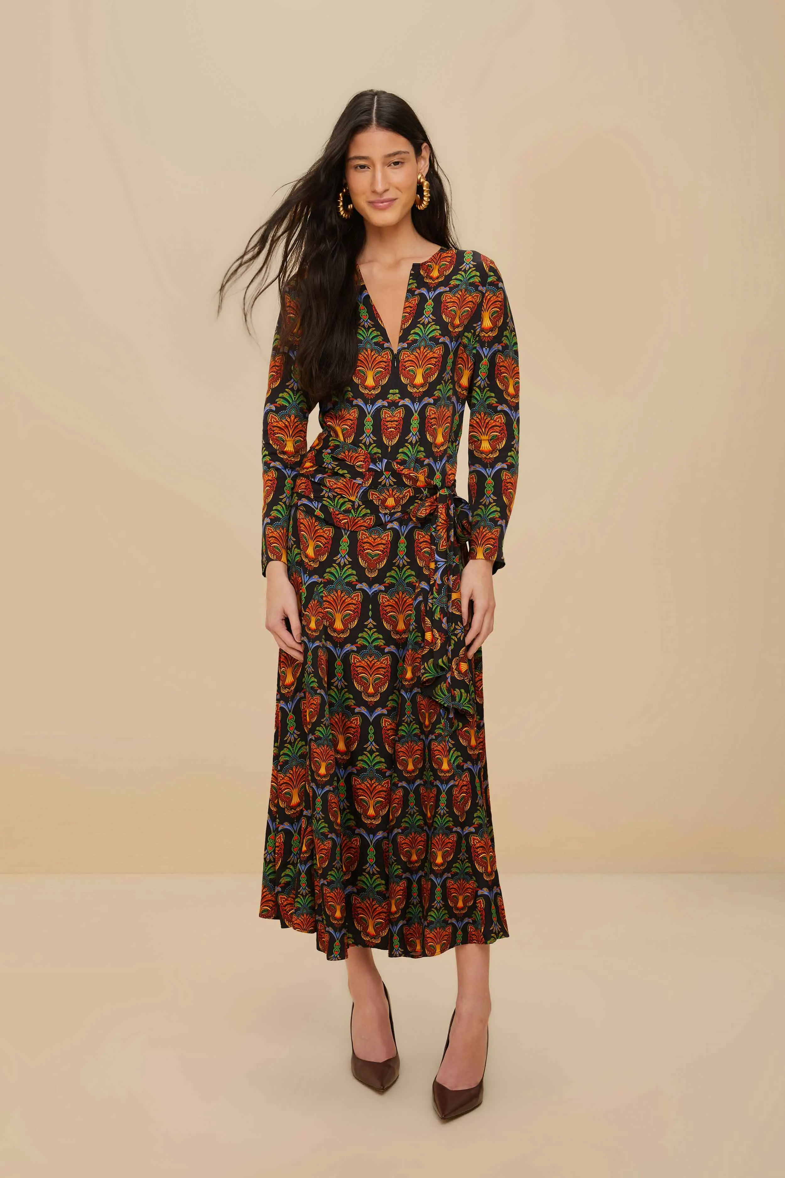 Relaxed Comfort Black Boho Panther LENZING? ECOVERO? Viscose Midi Dress