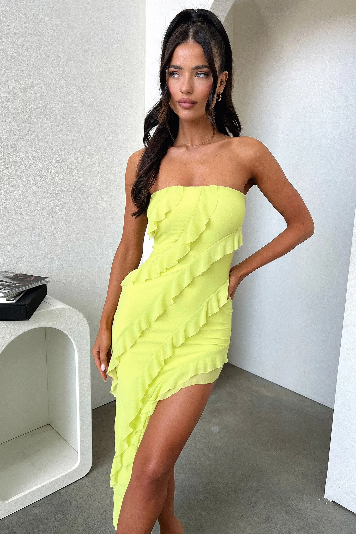 Jadore Strapless Ruffle Midi Dress - Lime Flattering midi silhouette Drizzle Sky
