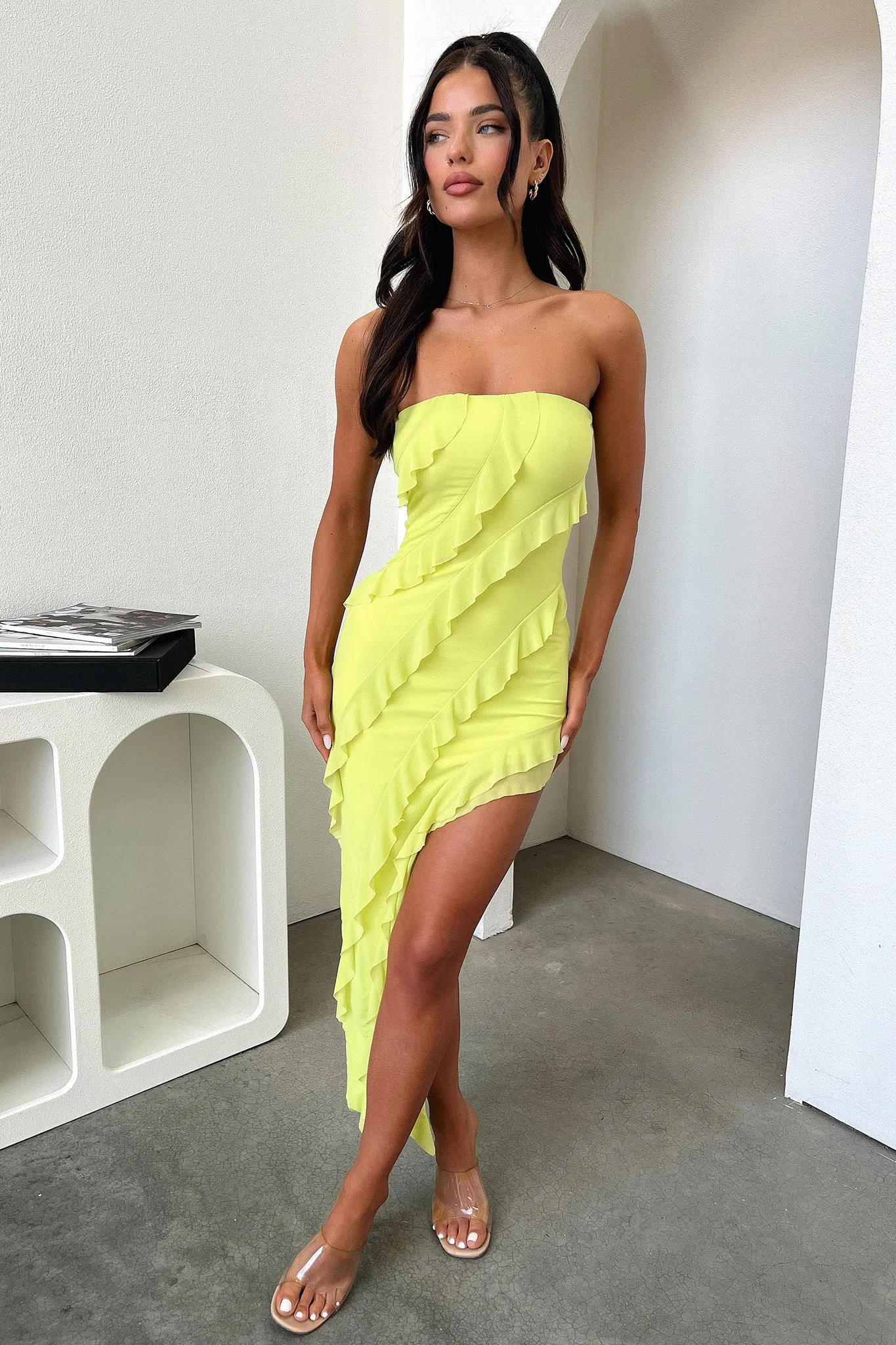 Jadore Strapless Ruffle Midi Dress - Lime Daily Glam Art Space