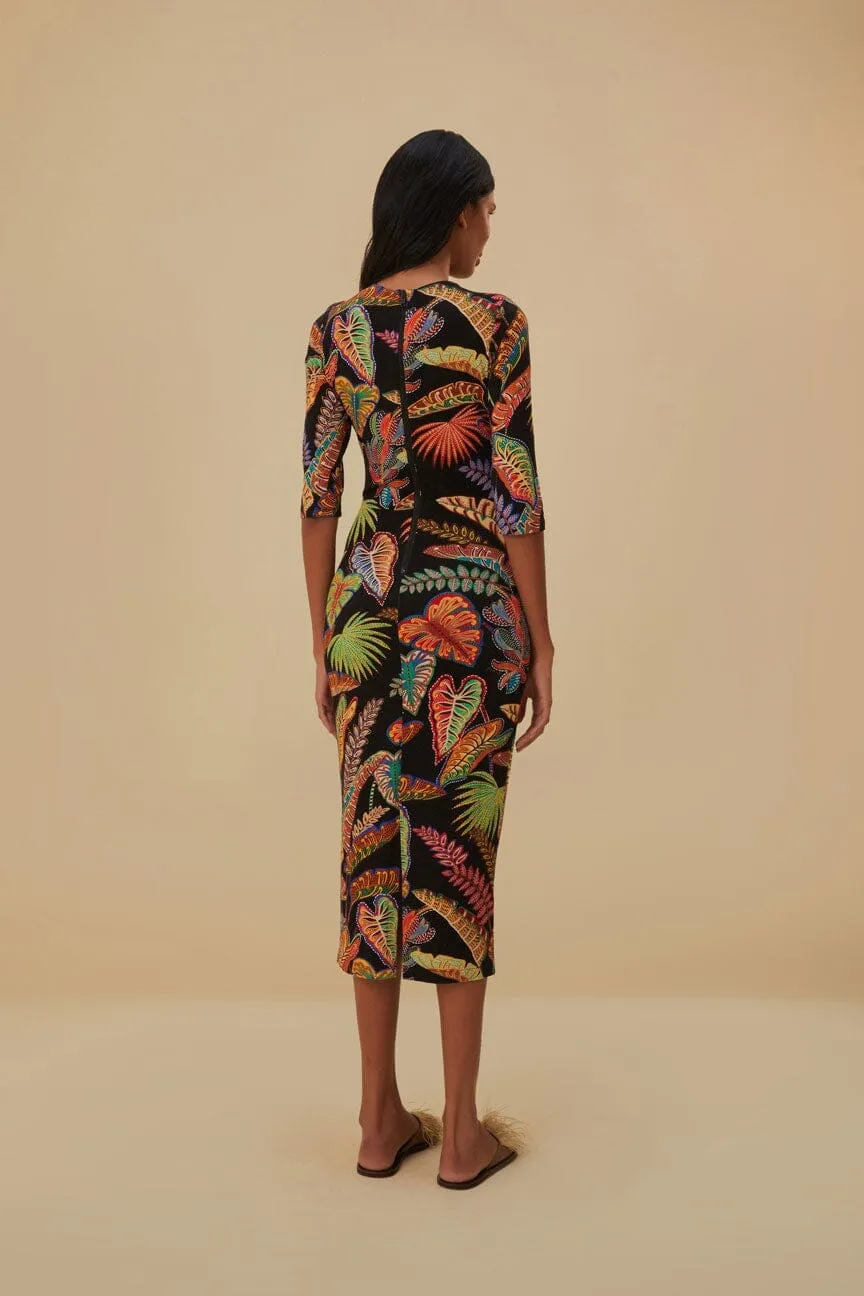 Comfortable Wardrobe Cool Foliage Black Jersey Midi Dress