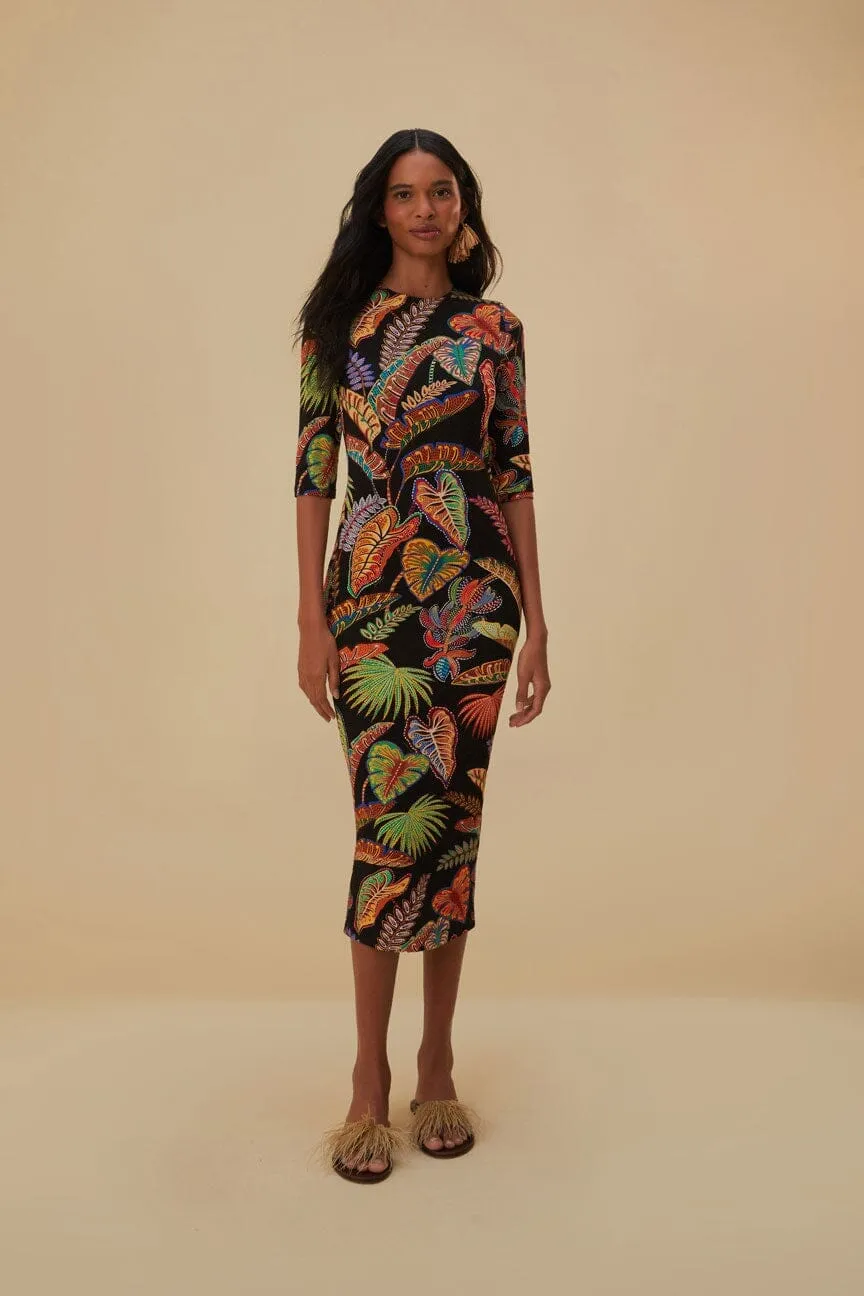 Seasonal Wear Opal Glow Cool Foliage Black Jersey Midi Dress