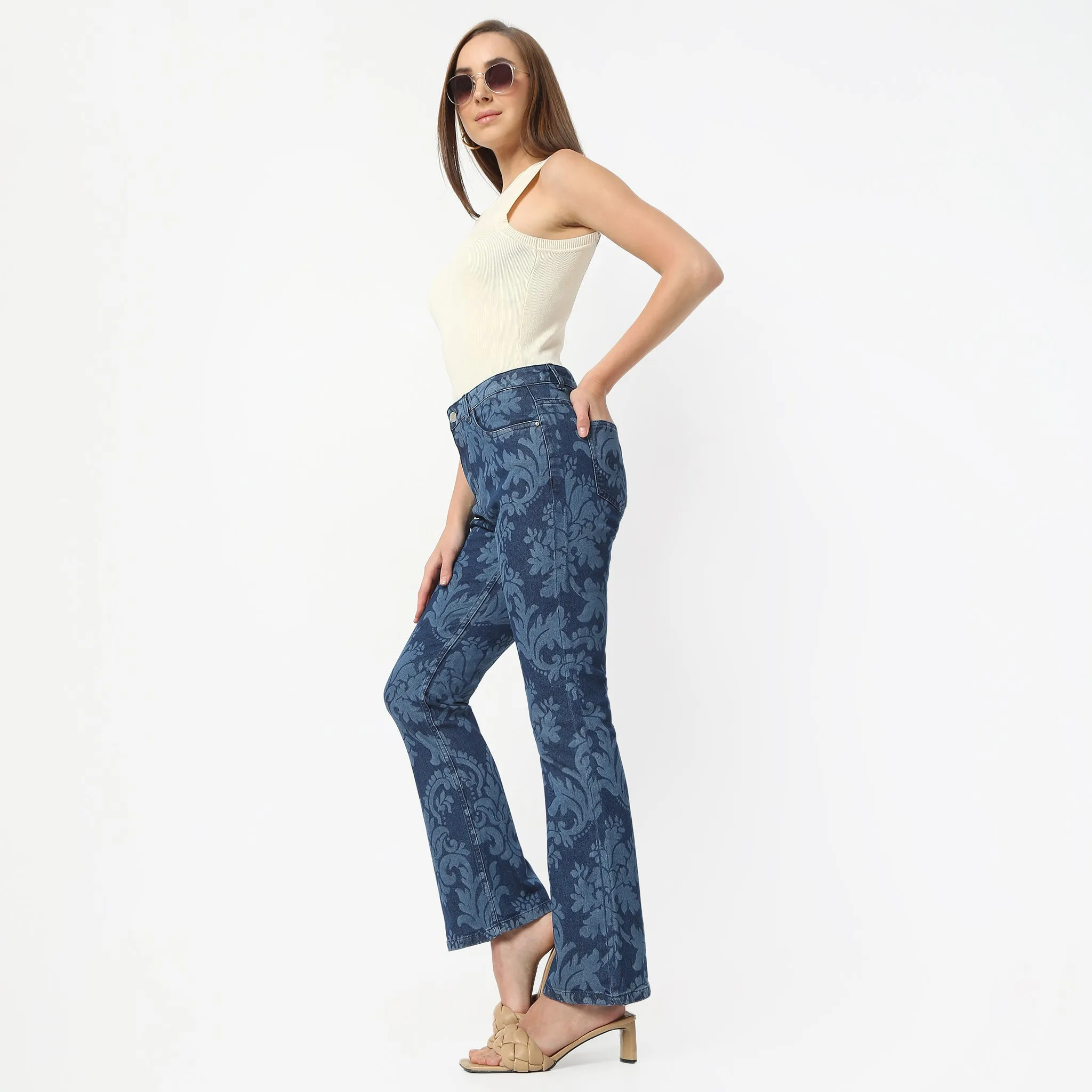 Boot Cut Printed Full Length High Rise Jeans MultiPocketDesign