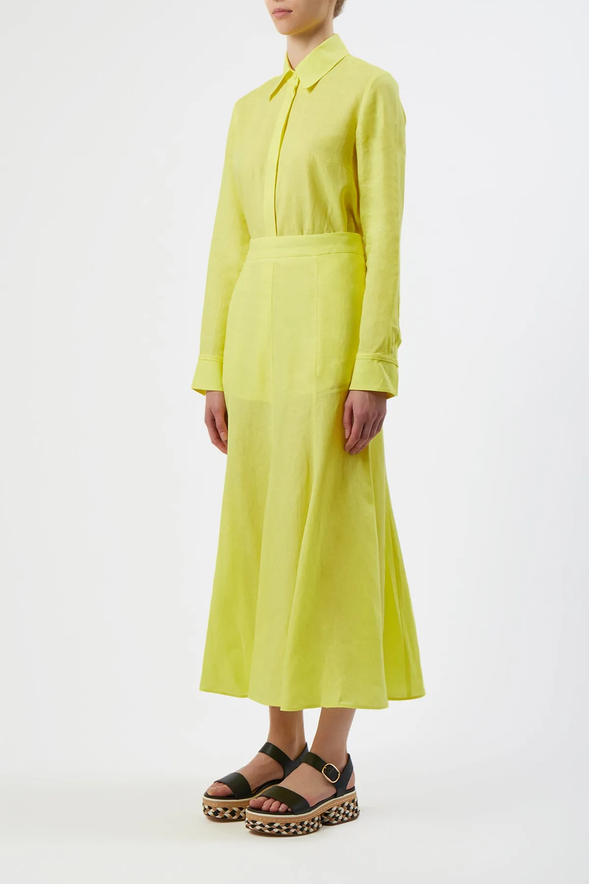 Tate Midi Skirt in Fluorescent Yellow Aloe Linen Chill Tones