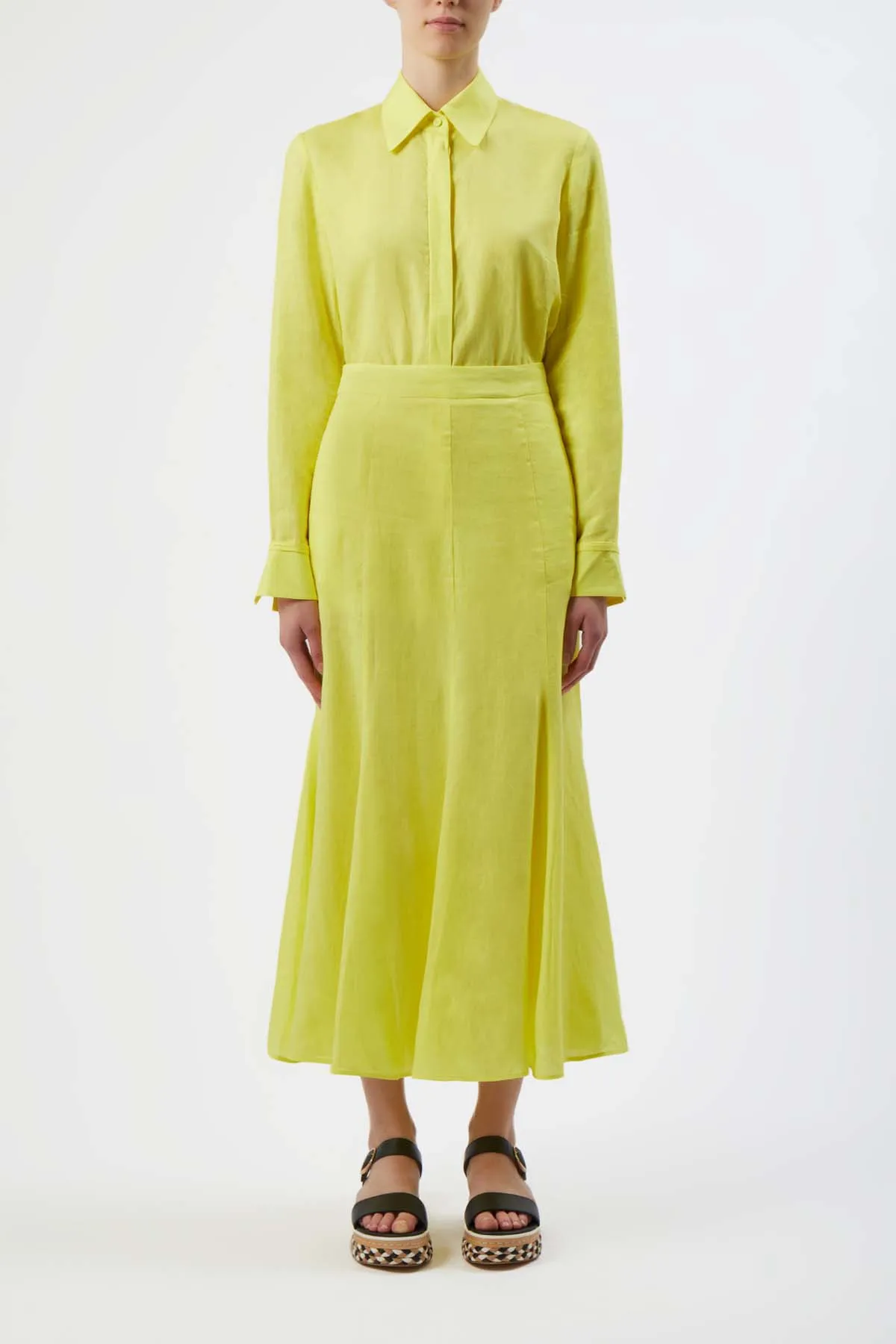 EcoConscious Production Tate Midi Skirt in Fluorescent Yellow Aloe Linen