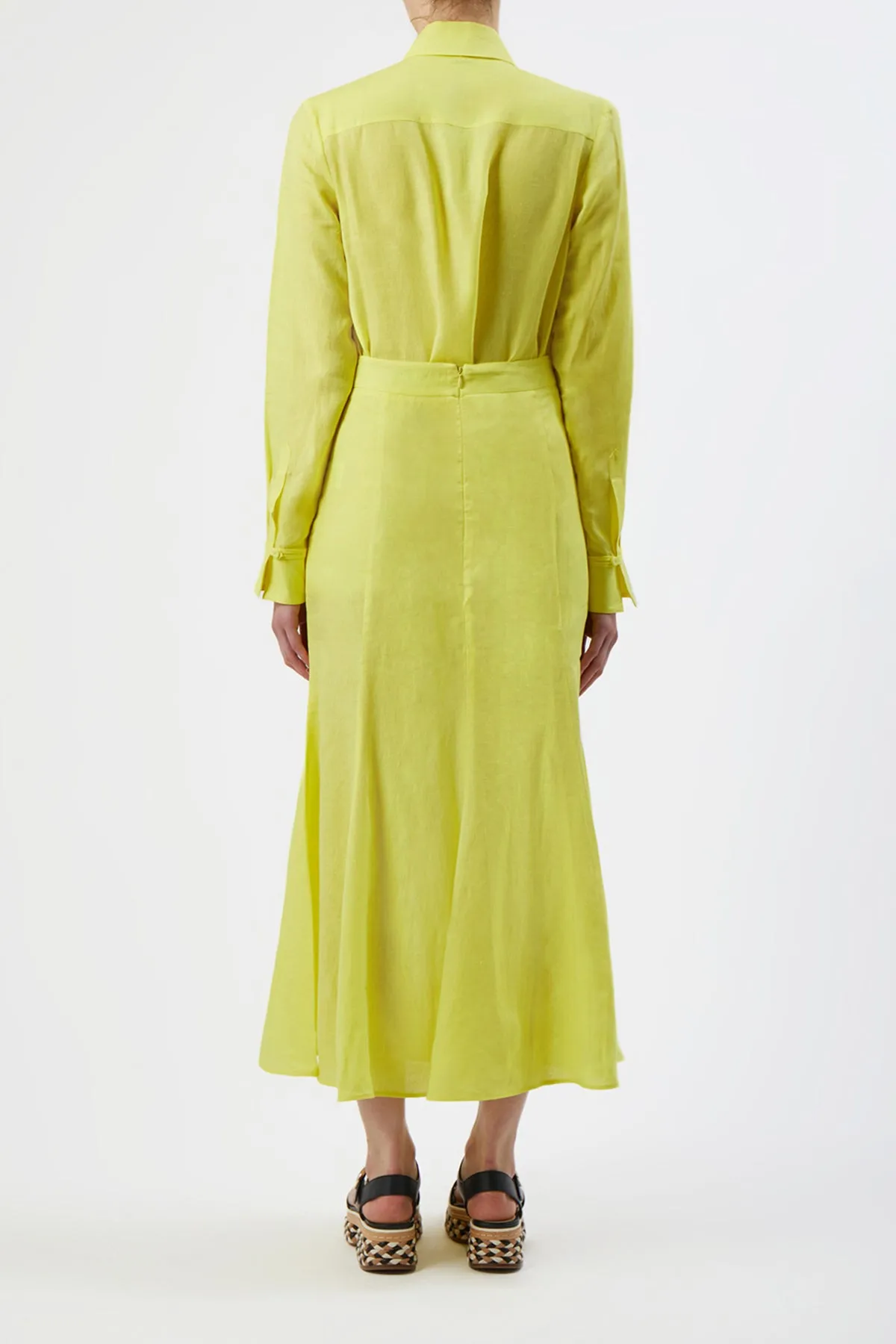 Front Slit Tate Midi Skirt in Fluorescent Yellow Aloe Linen