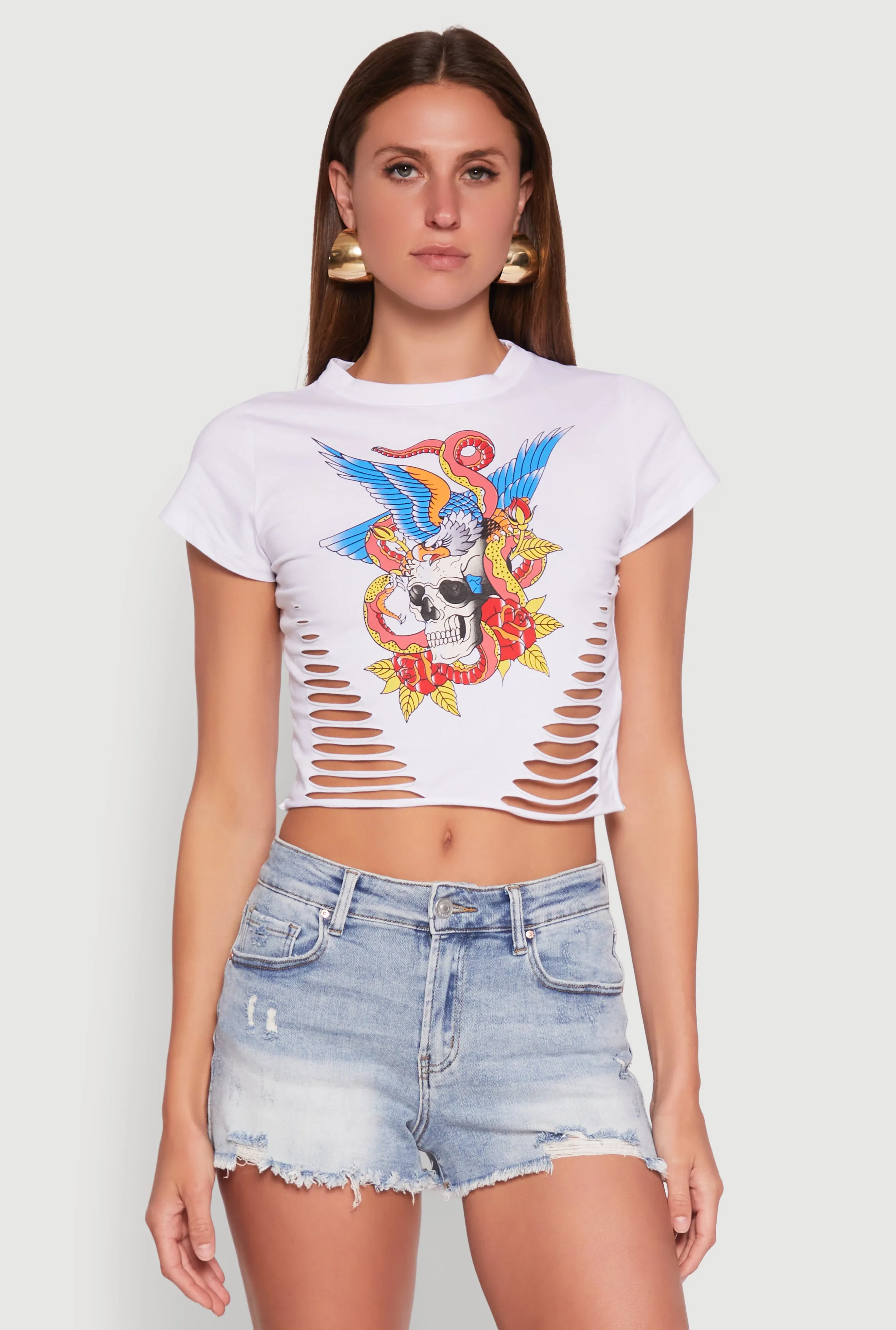 Casual Chic Wear NoSideSeams Skull Laser Cut Graphic Tee