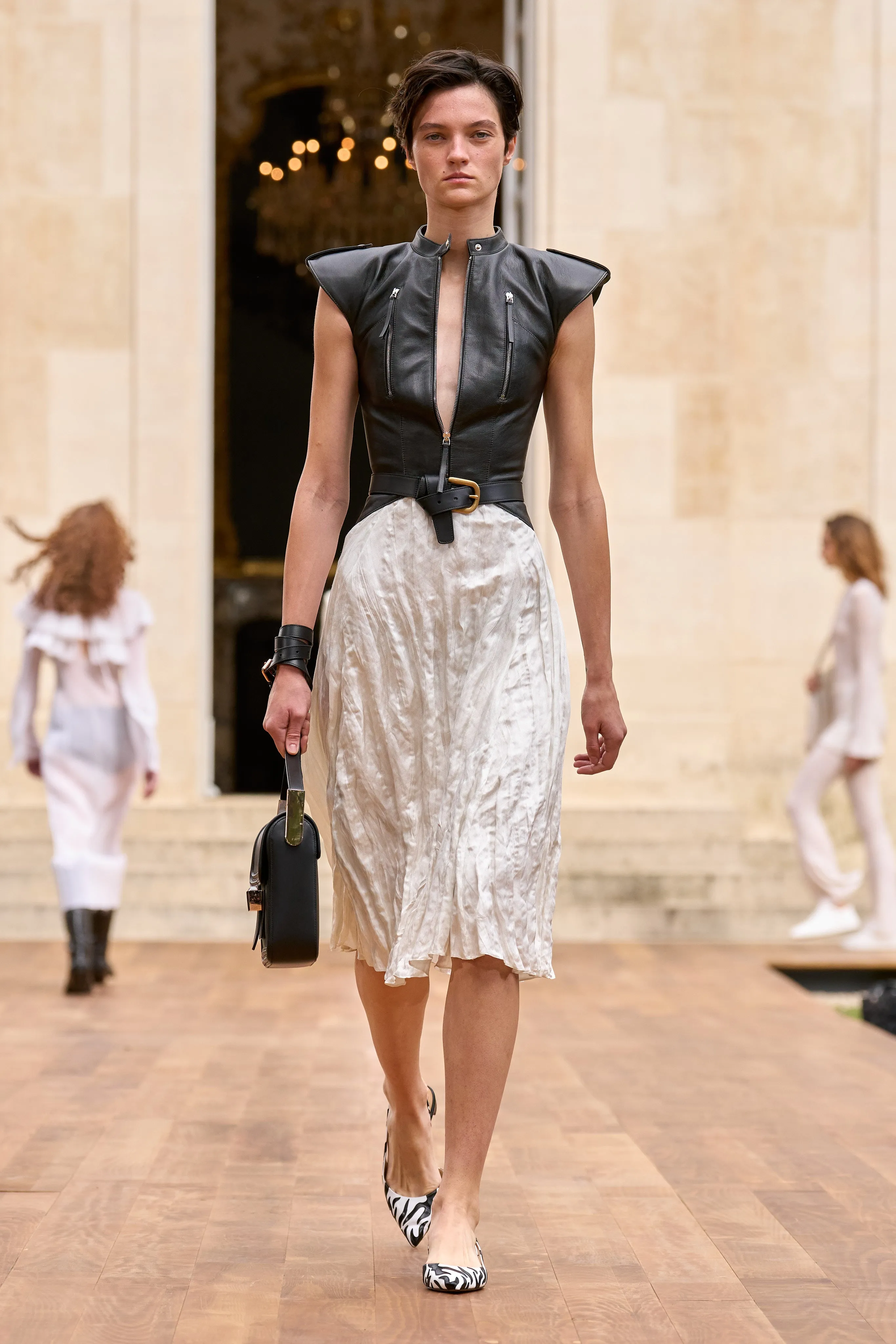 Athena Moto Midi Dress in Black Leather & Ivory Metallic Crinkled Silk Garden Ease FormFitting Cut