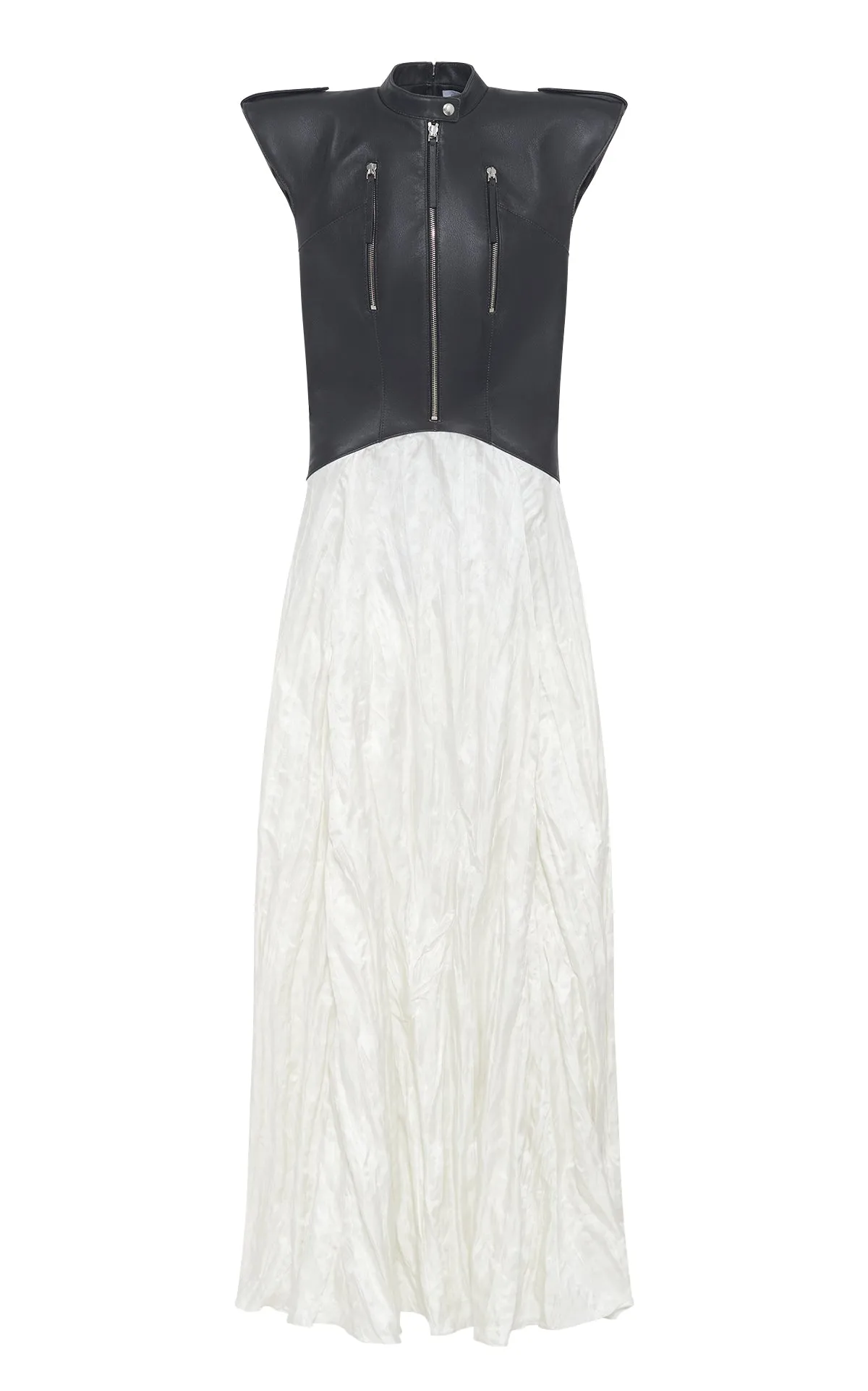Easy Wash FourWay Stretch Athena Moto Midi Dress in Black Leather & Ivory Metallic Crinkled Silk