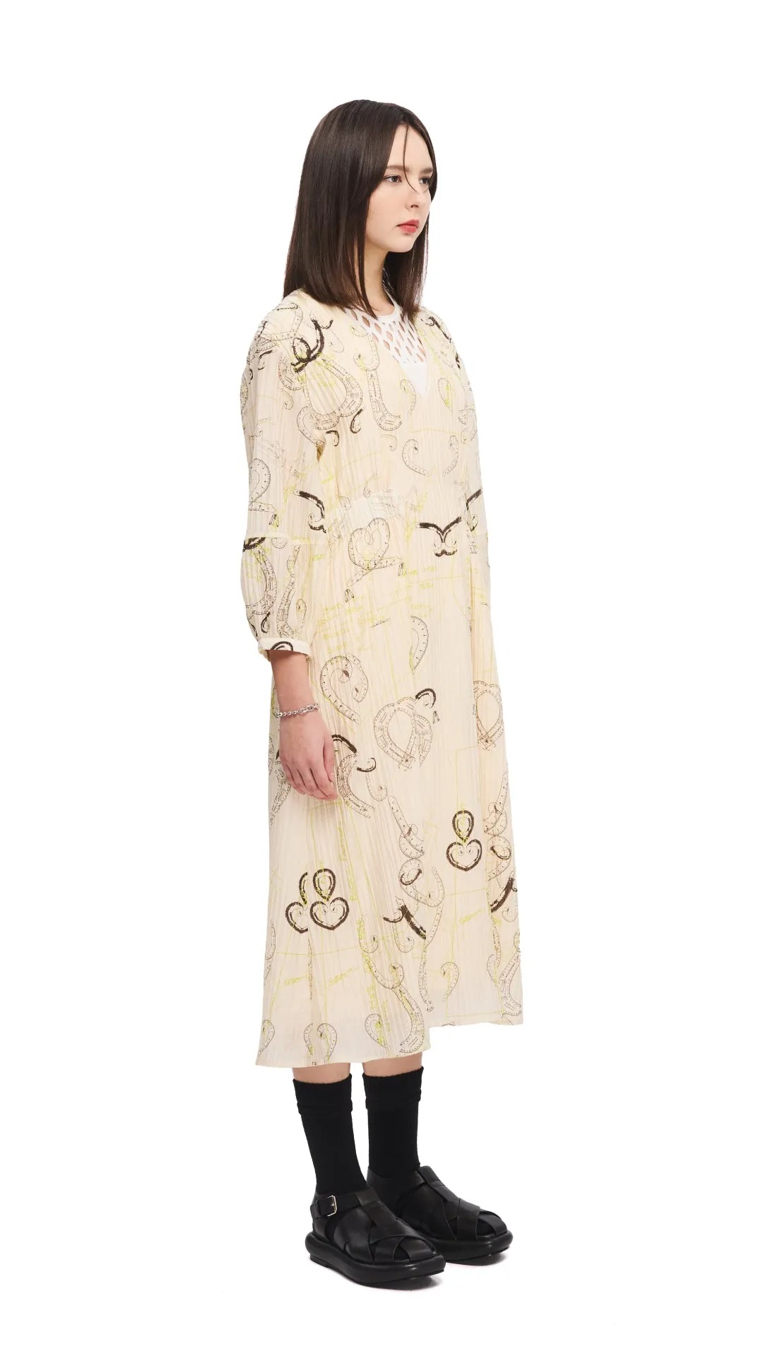 Green Soul French Curve Ruler Print Puff-Sleeves Dress