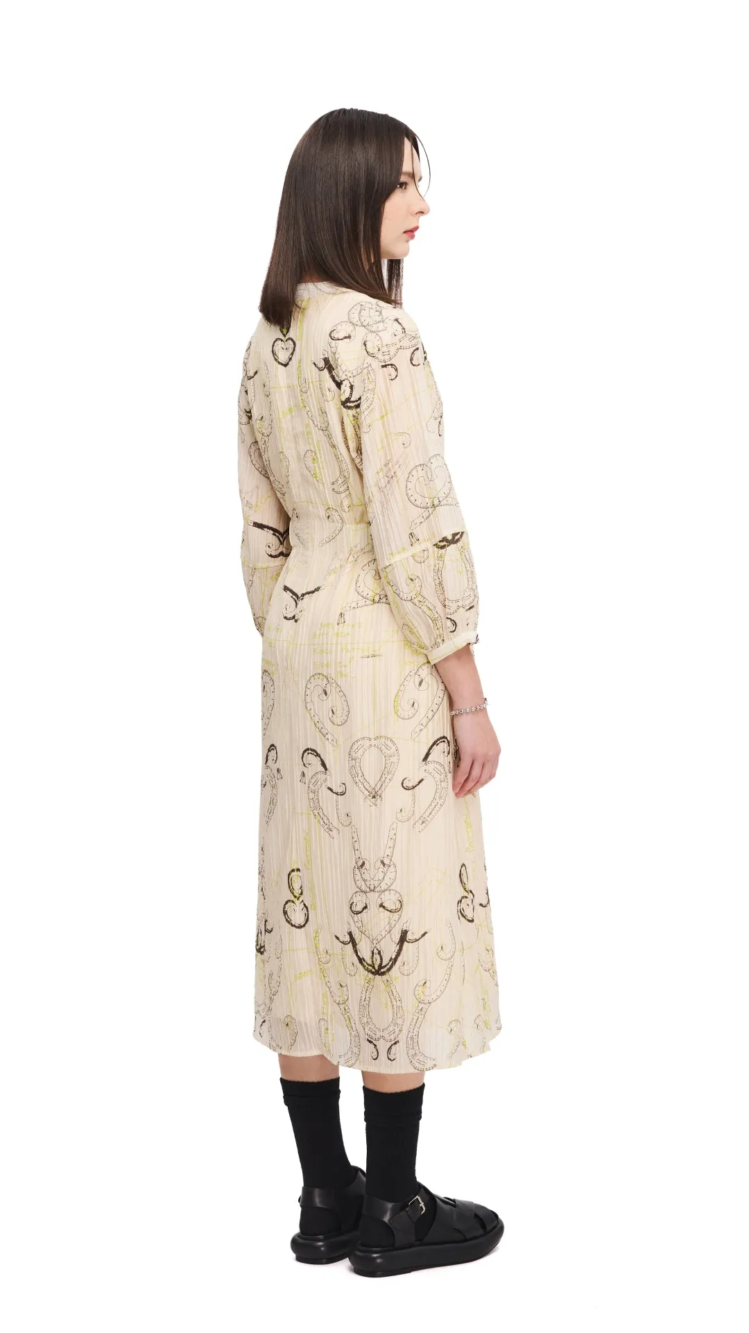 Hidden pockets DurableStitching French Curve Ruler Print Puff-Sleeves Dress