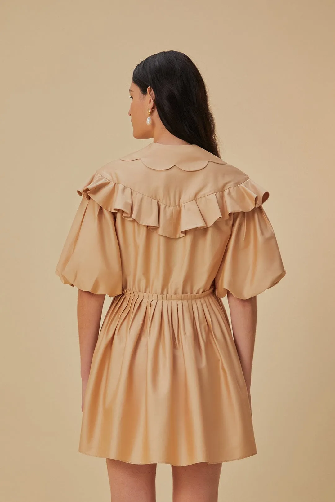 Cozy Fit Style Full Coverage Back Beige Short Sleeve Mini Dress
