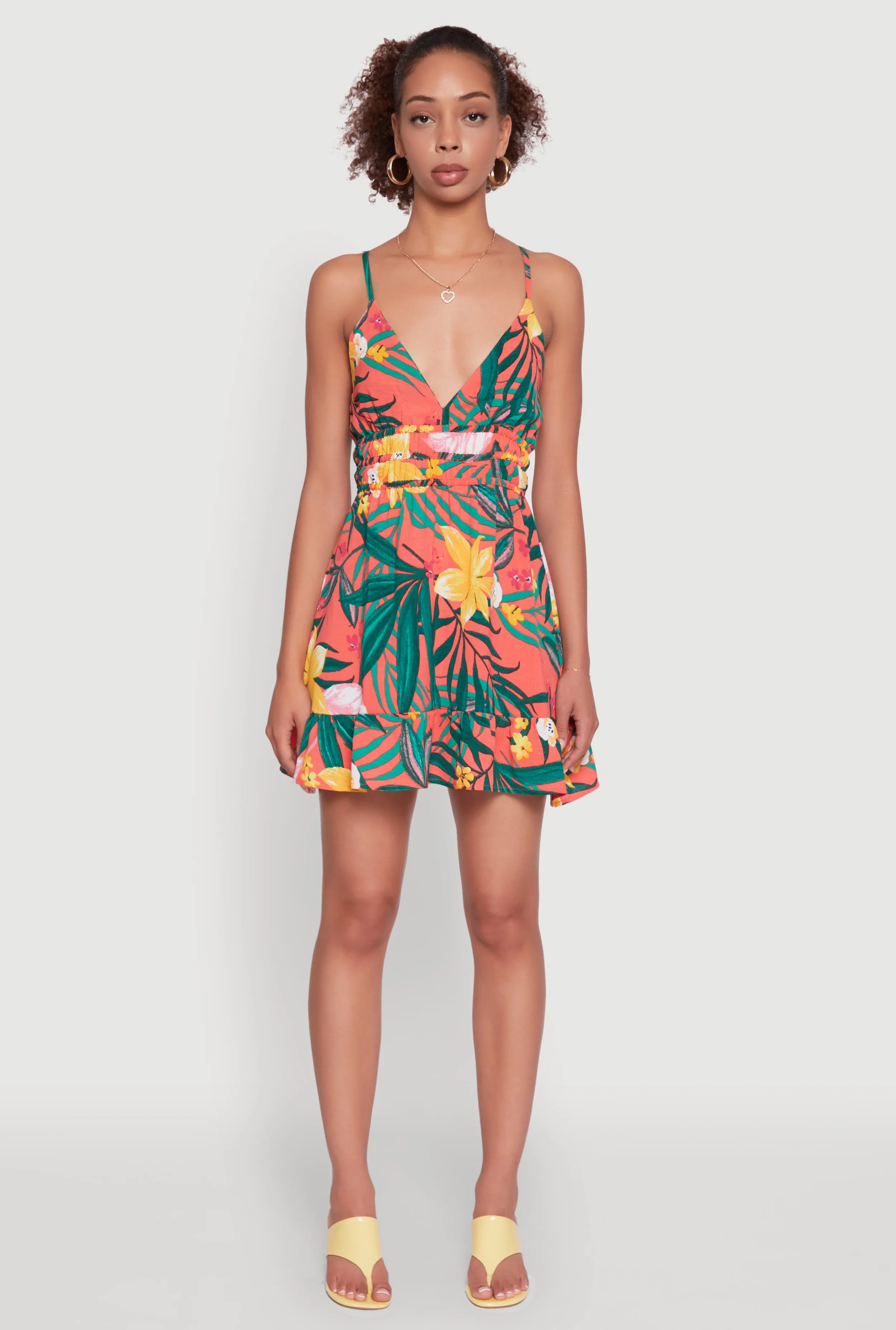 Tropical Floral Plunge Neck Sundress Beat Hot