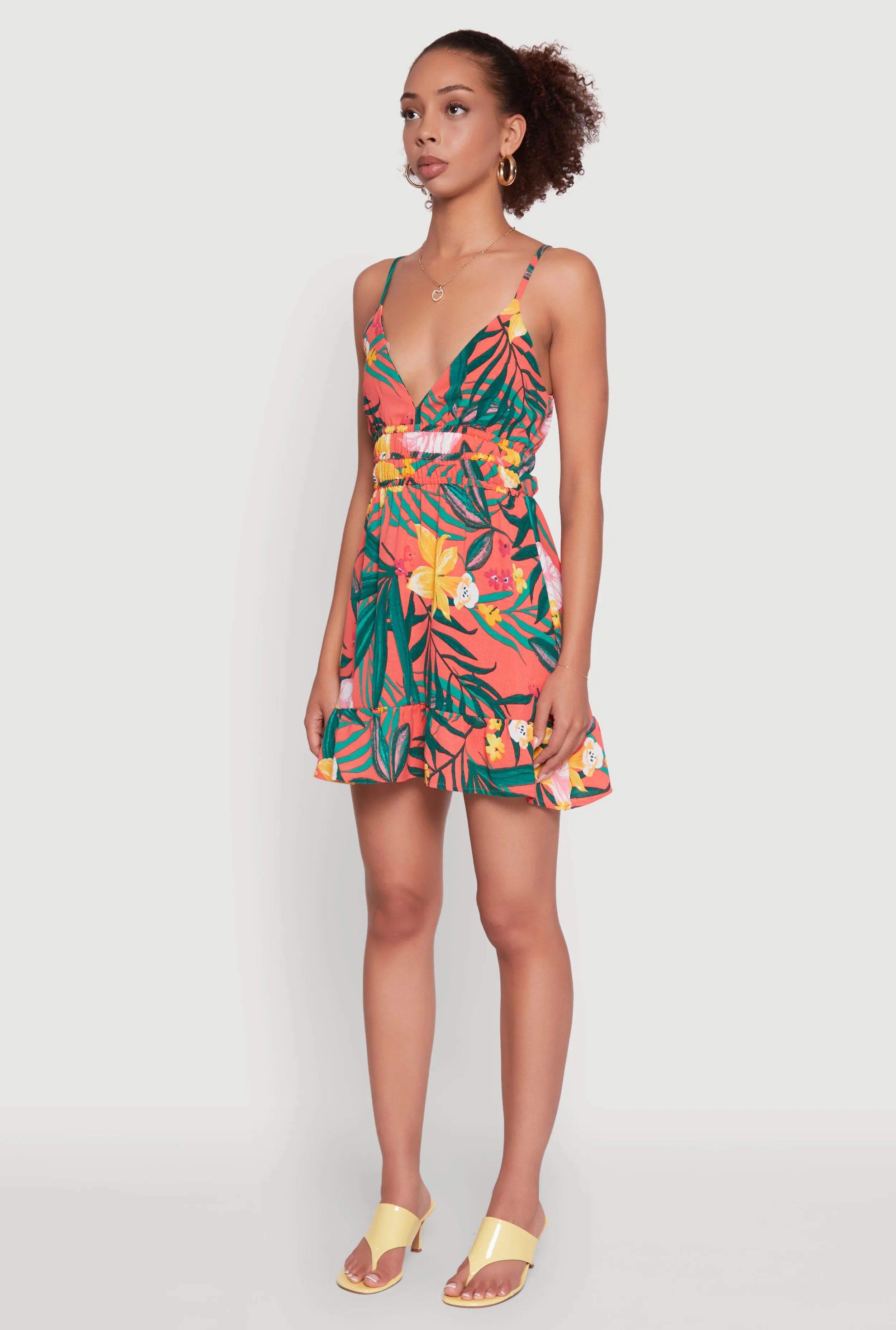 City Babe Lightweight Tropical Floral Plunge Neck Sundress