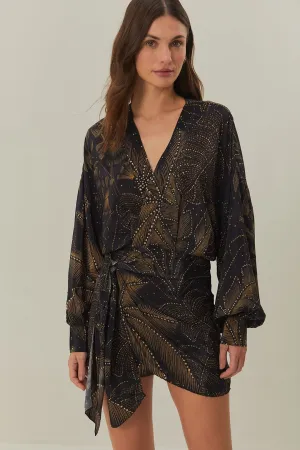 Adjustable Hem Trend fresh Black Golden Foliage Mini Dress
