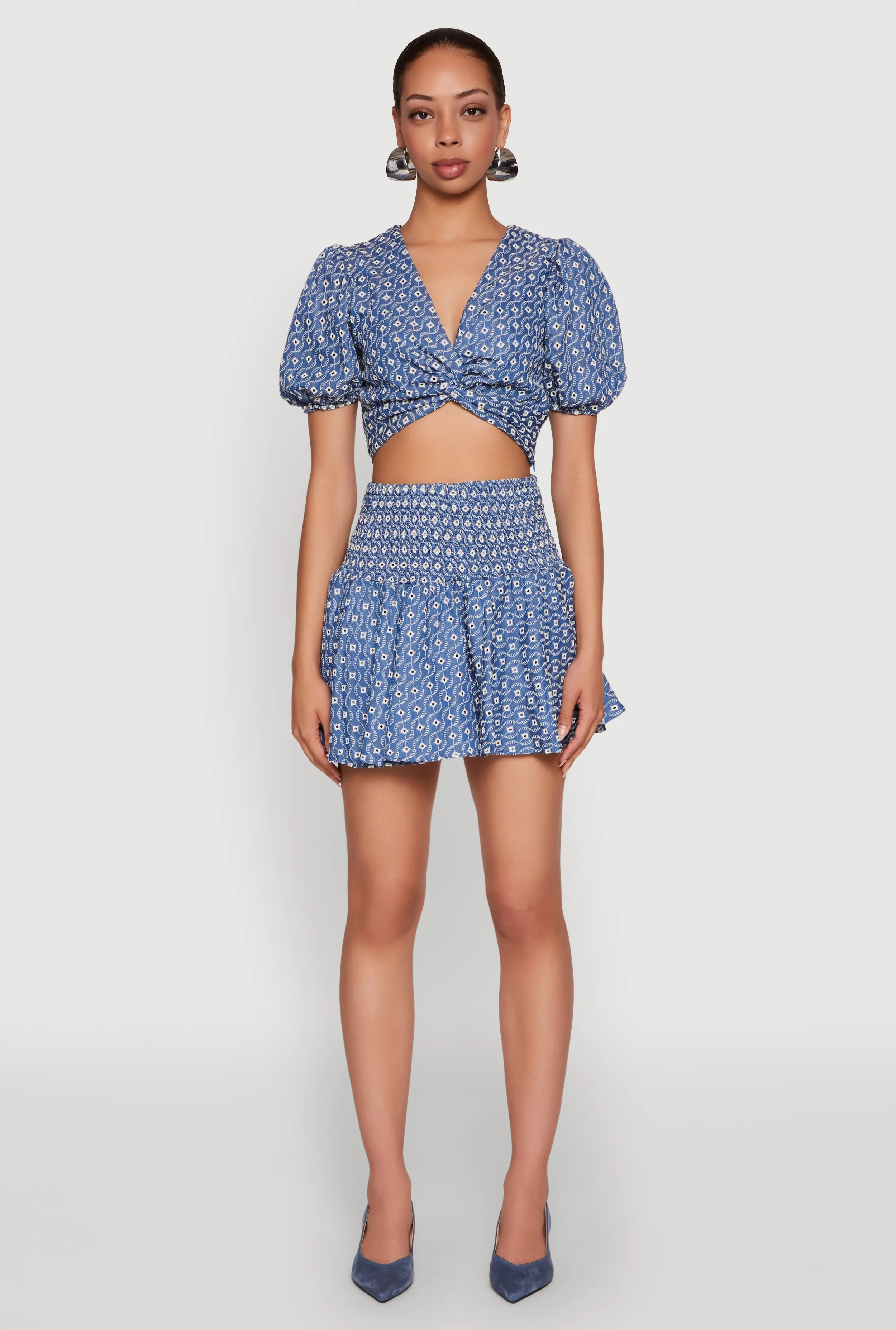 Luxury Feel Contrast Stitching Smocked Waist Printed Mini Skirt
