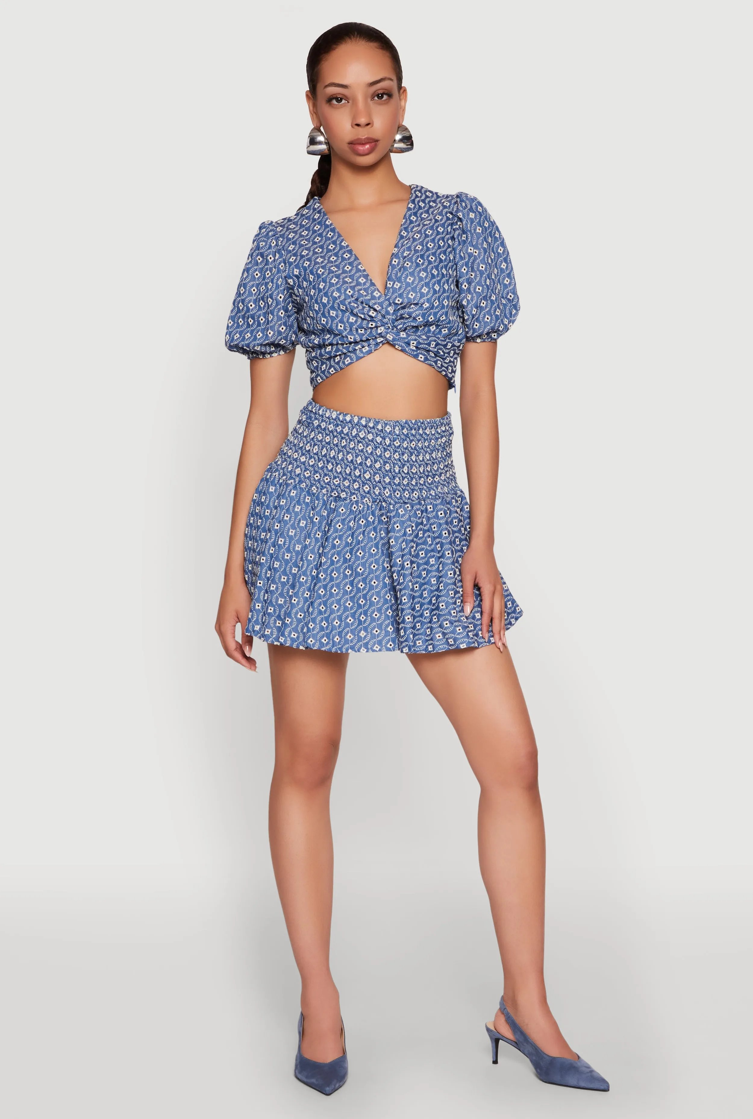 Light Edge Smocked Waist Printed Mini Skirt