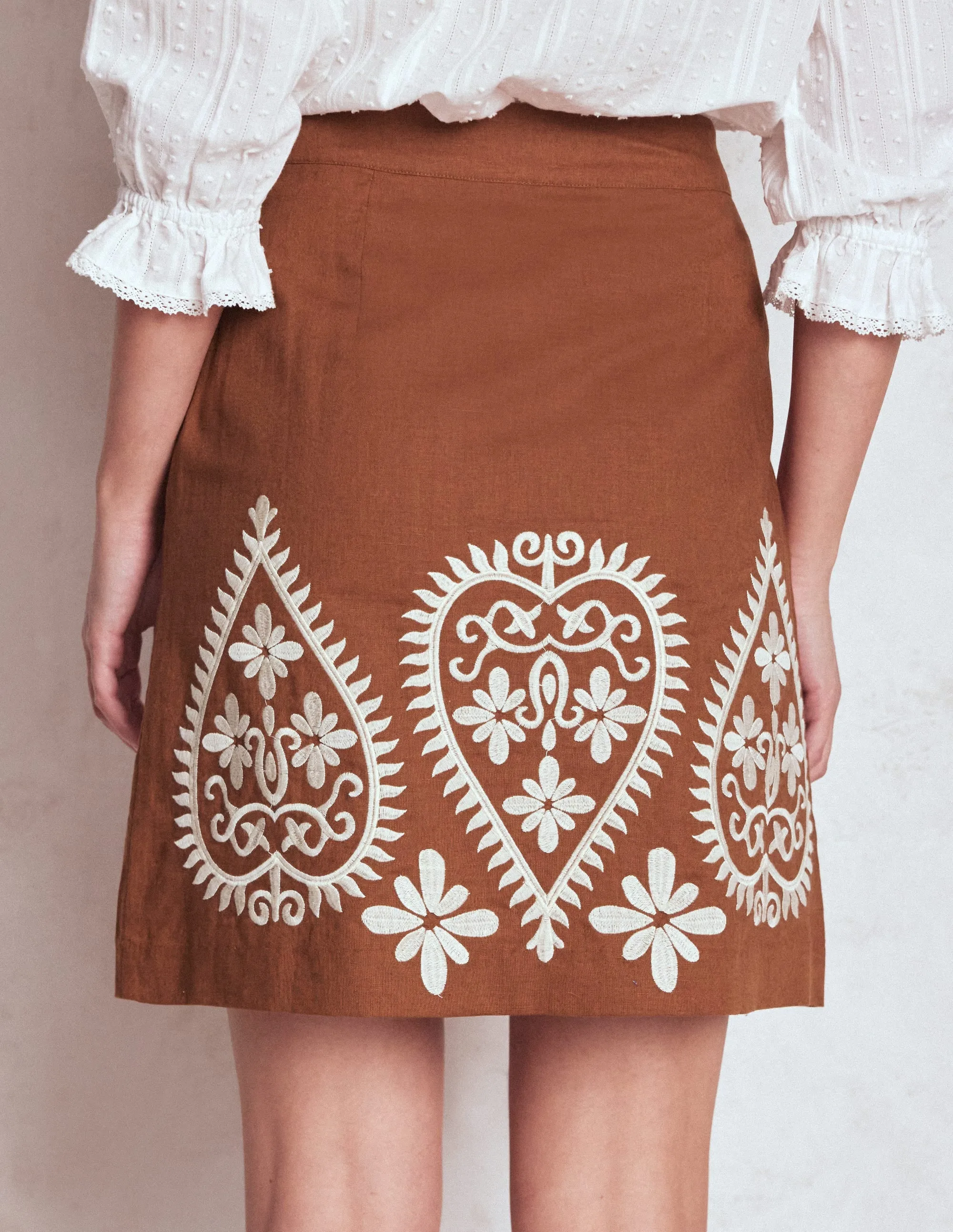 Embroidered Linen Skirt-Russet Embroidery Pastel tone Non see through
