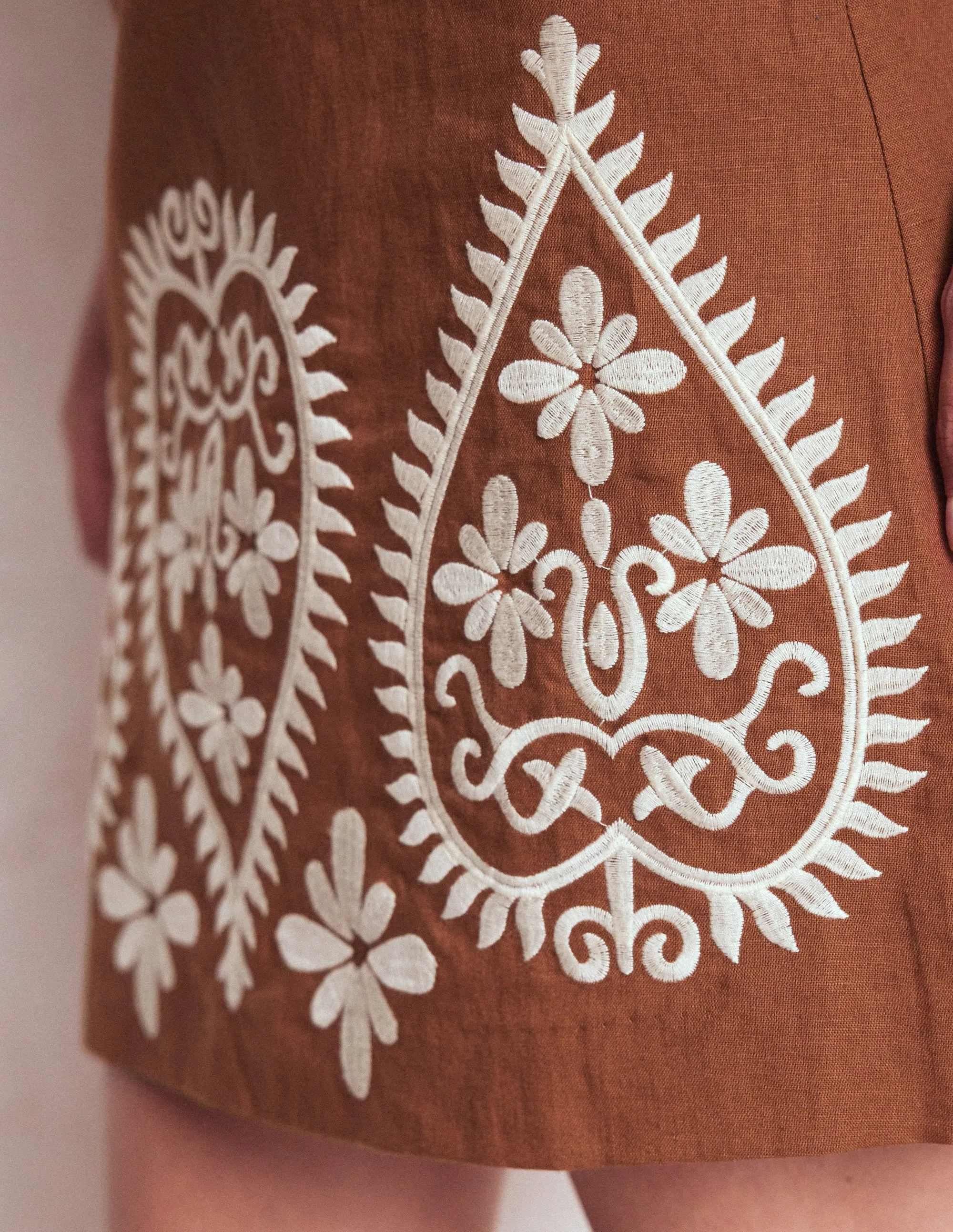 UV Protection Embroidered Linen Skirt-Russet Embroidery