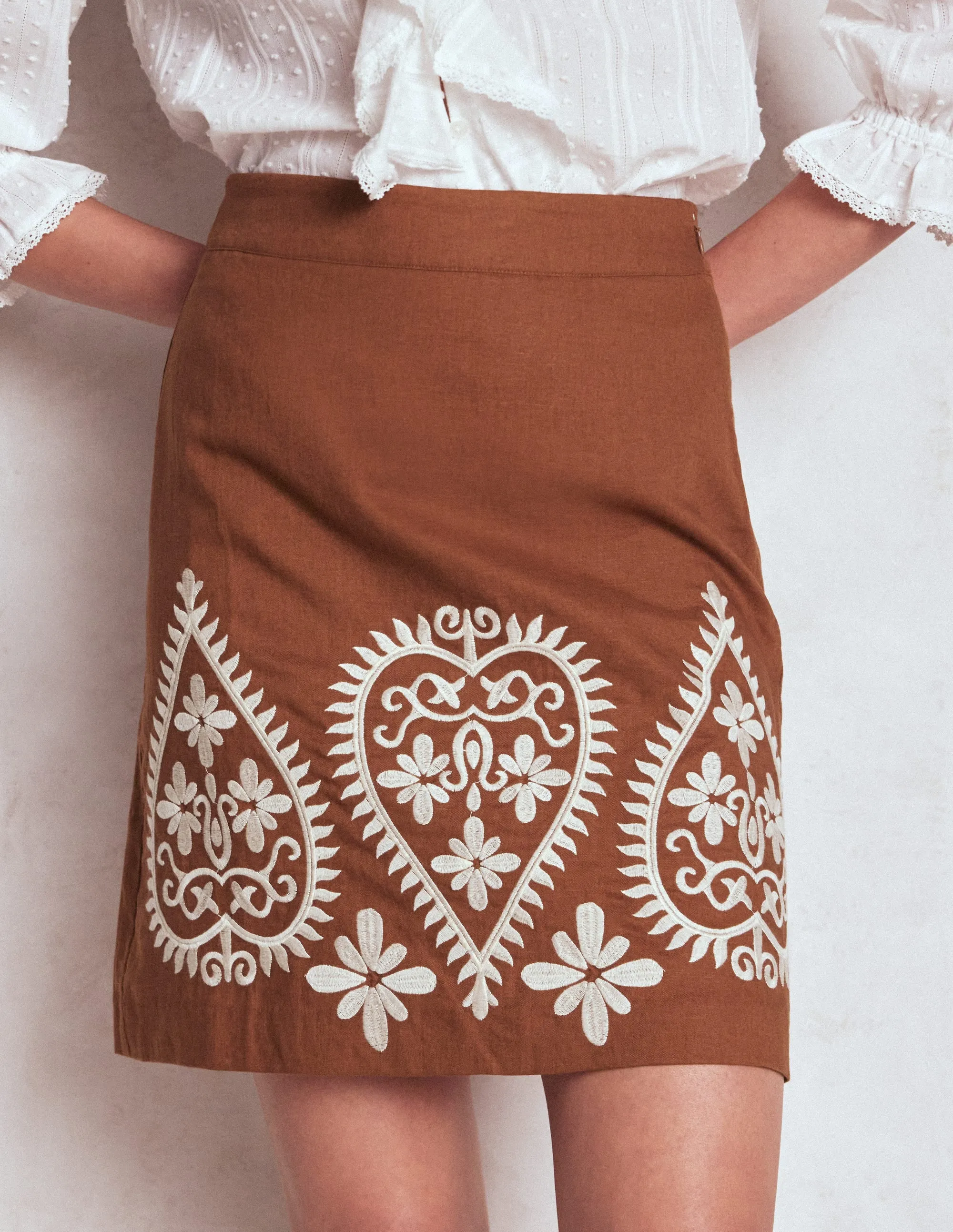 Embroidered Linen Skirt-Russet Embroidery Festival Outfit