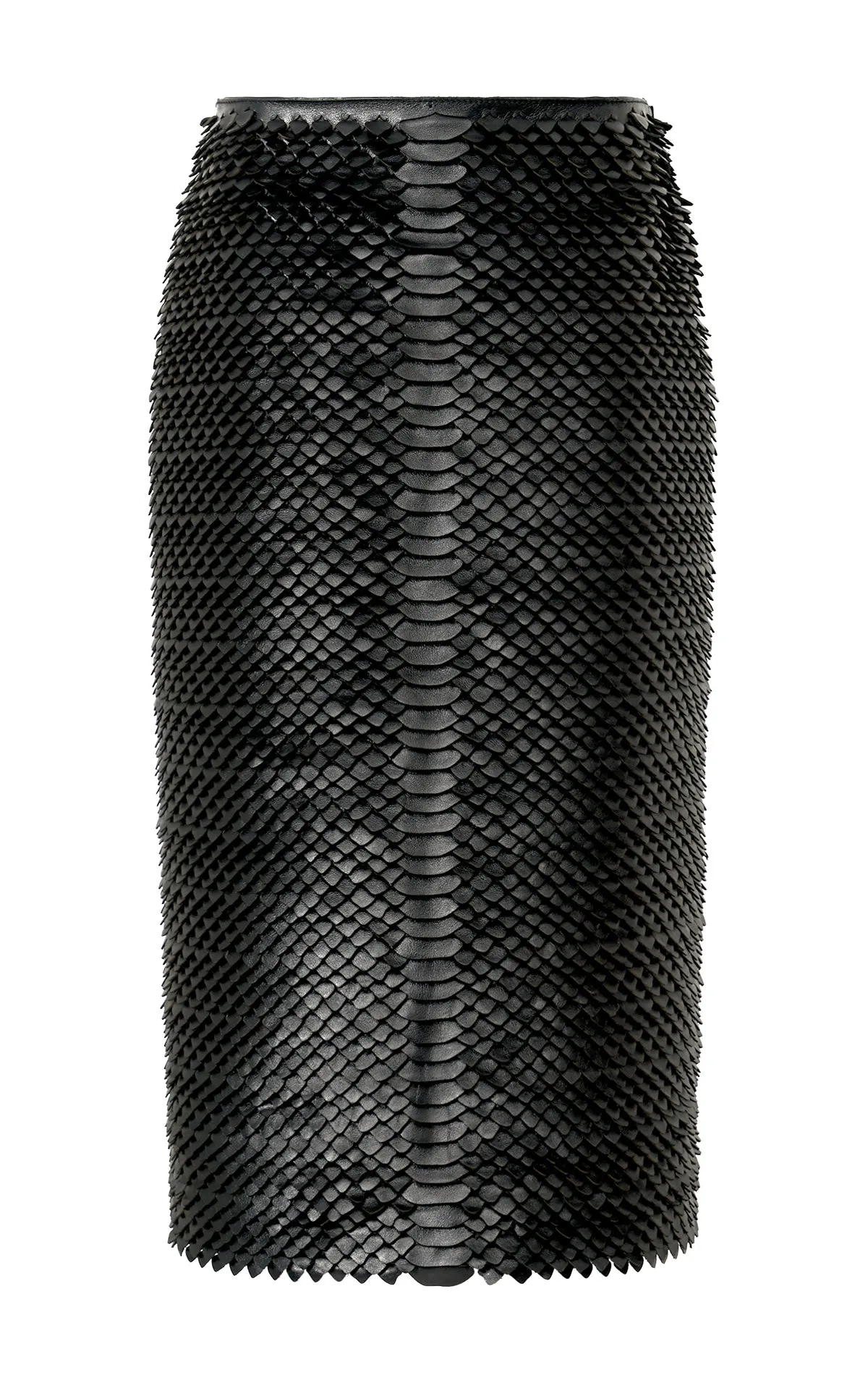 Antia Midi Skirt in Black Leather Snake Scales Layered Hem Details Heart Glow