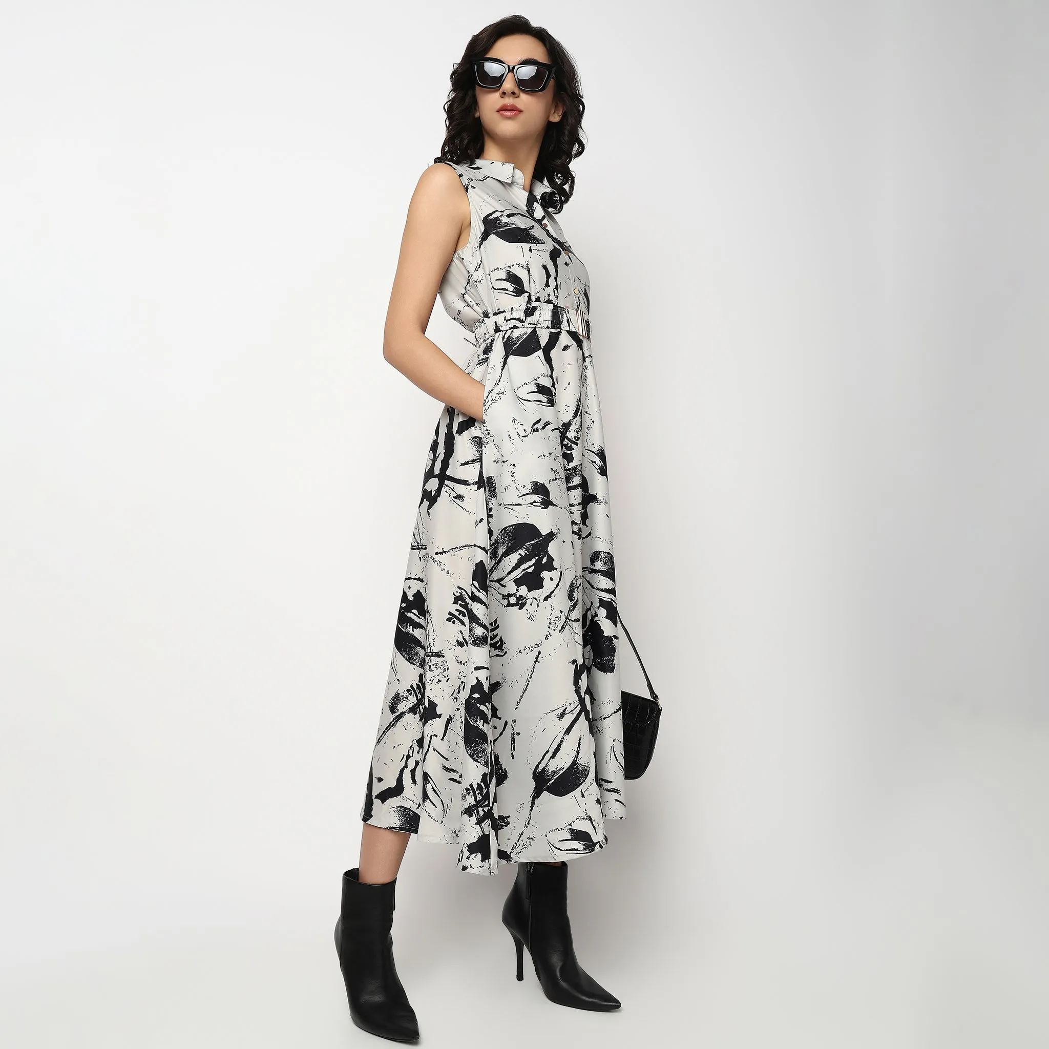 TaglessDesign Conscious Core Abstract Print Shirt Collar Dress with Belt