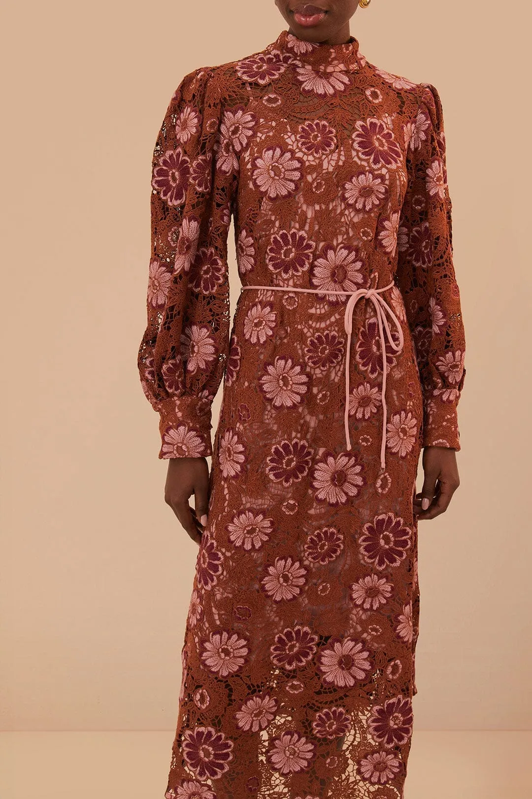 Brown Gigi Tapestry Guipure Midi Dress rooftop party Easy Match