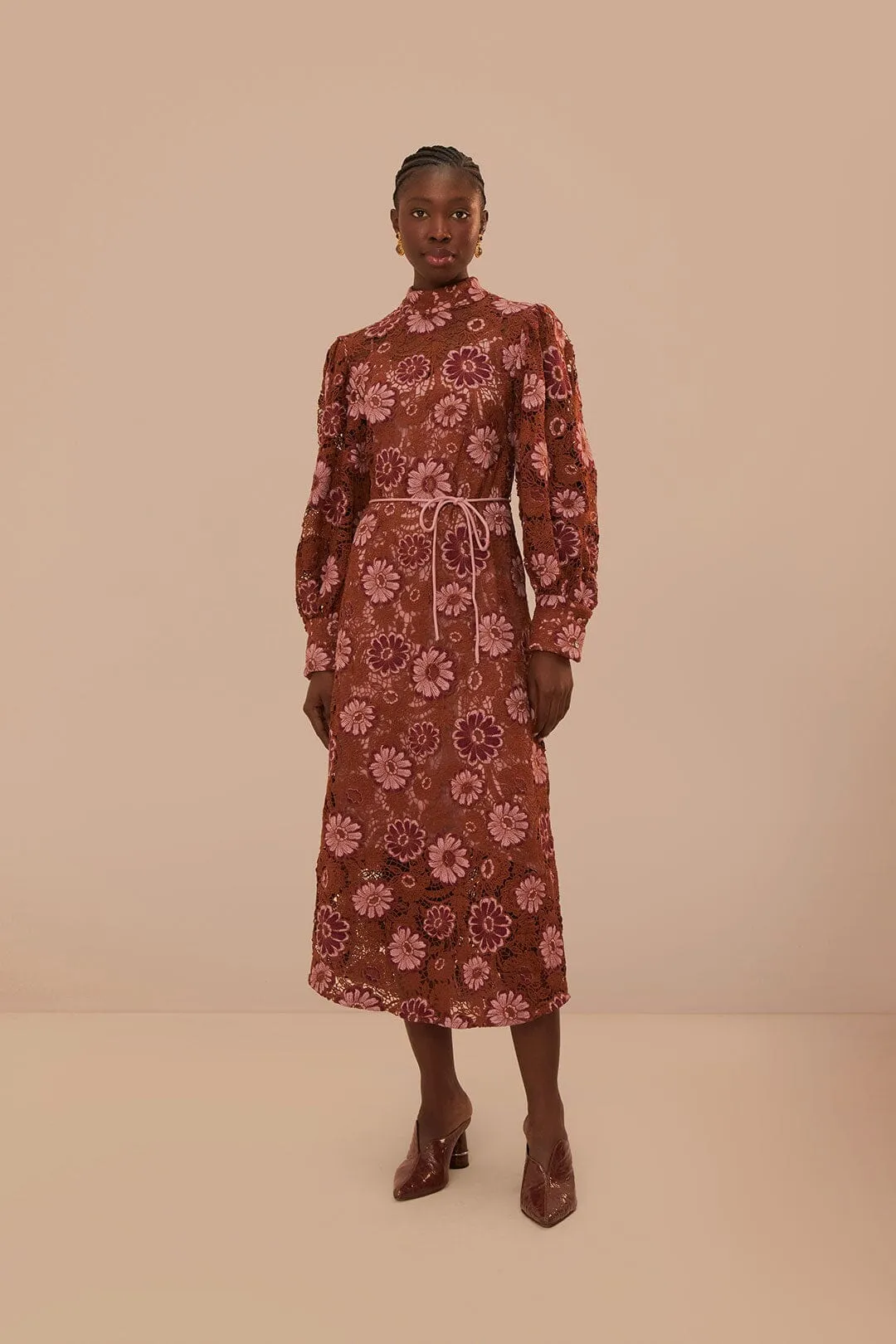 Brown Gigi Tapestry Guipure Midi Dress Soft Texture