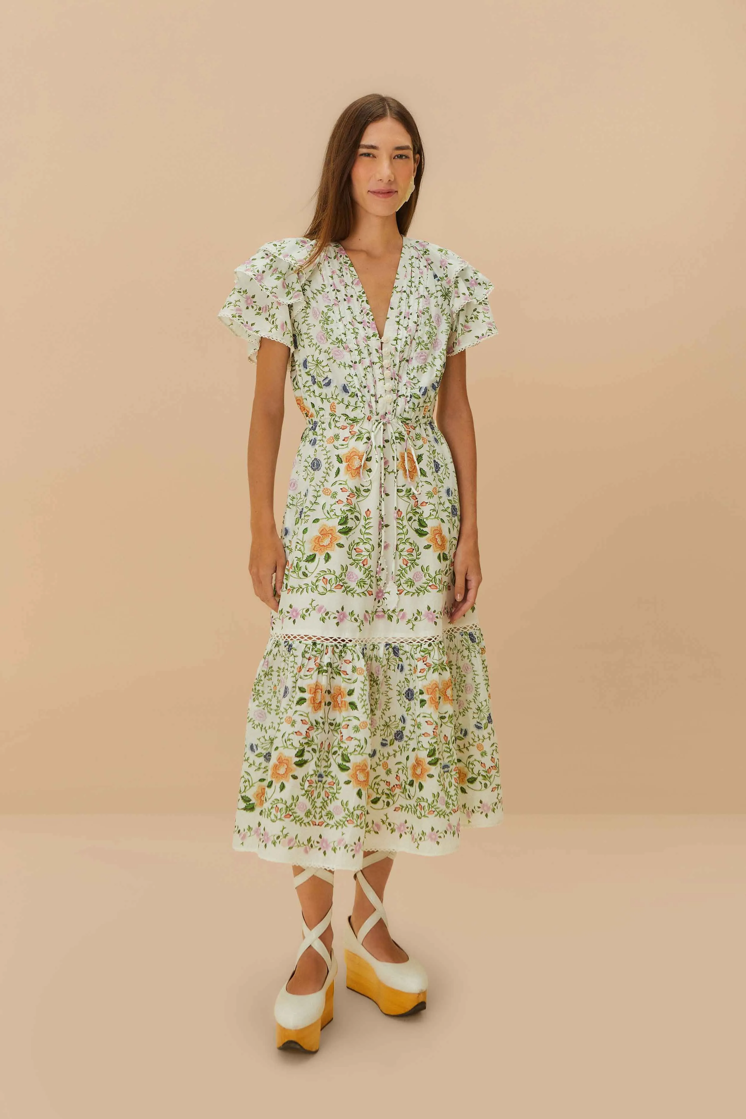 Off-White Folk Floral Lace Midi Dress Graceful Flow