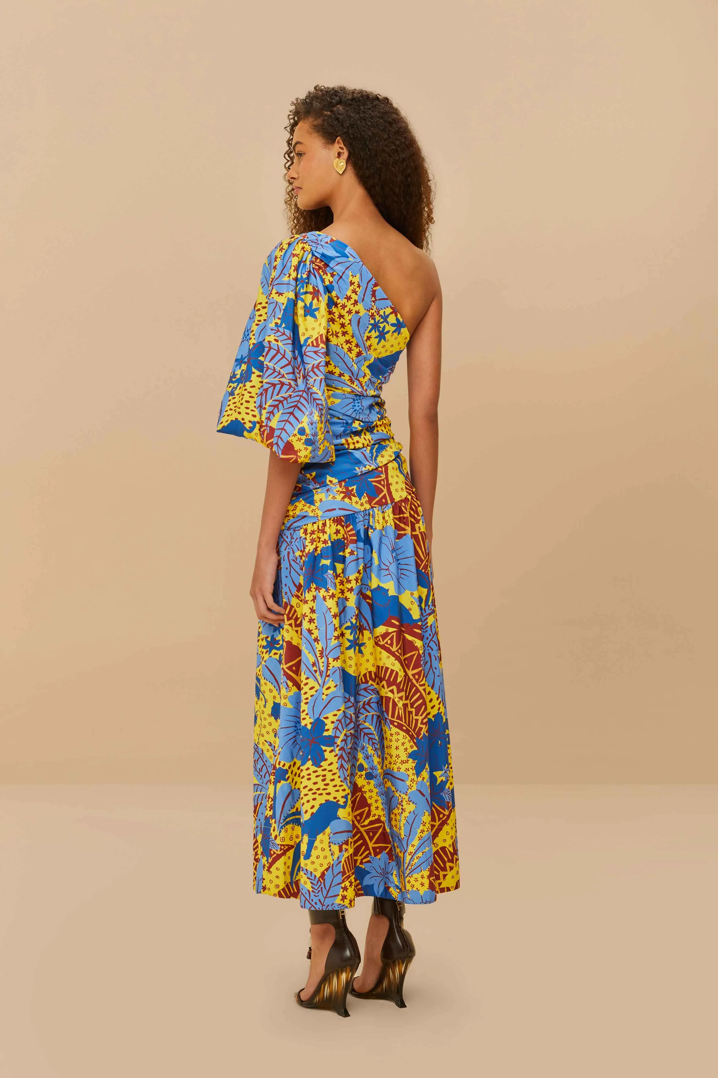 Yellow Jungle Panther One-Shoulder Midi Dress Low Maintenance Lounge Mood