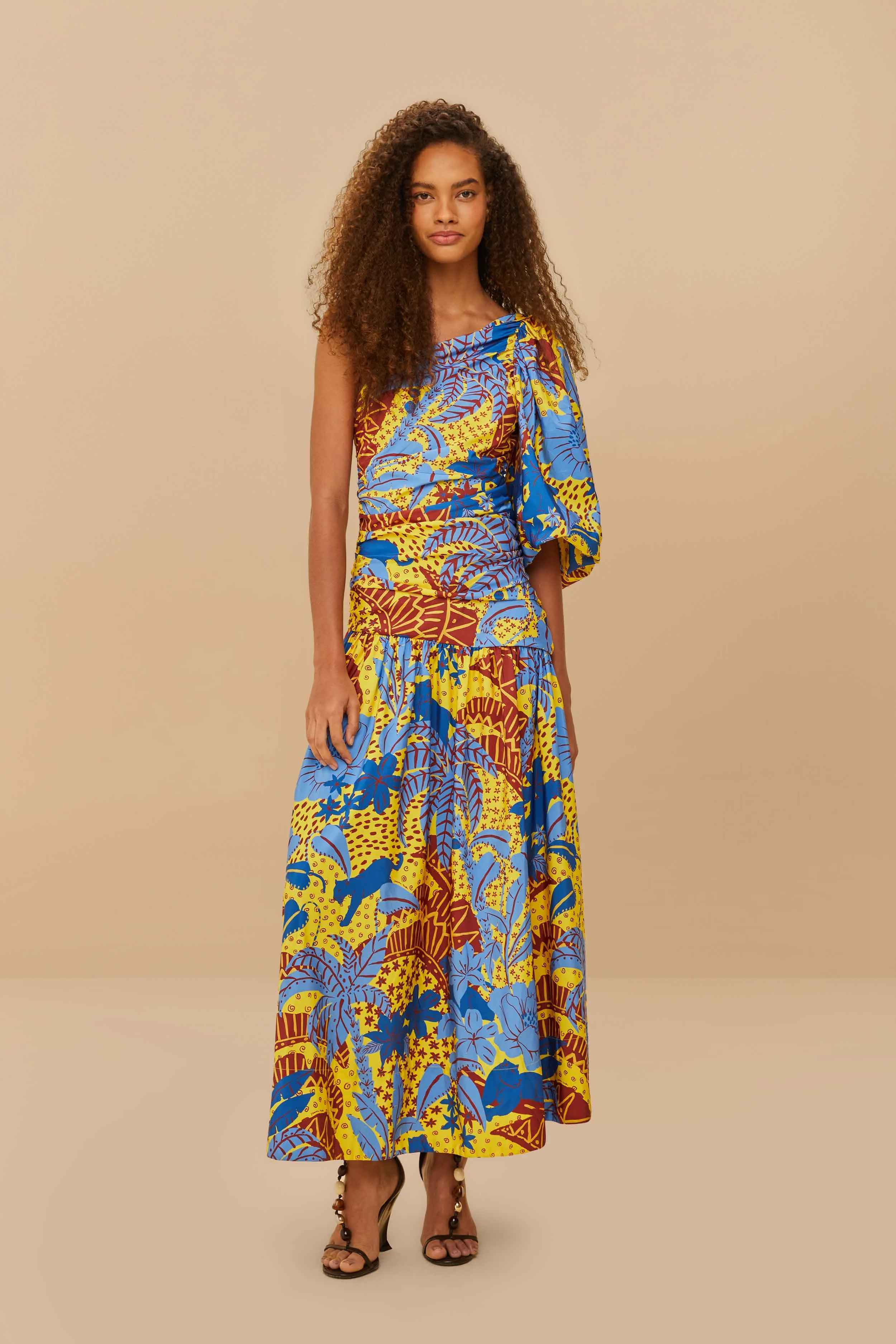 Yellow Jungle Panther One-Shoulder Midi Dress Art Space