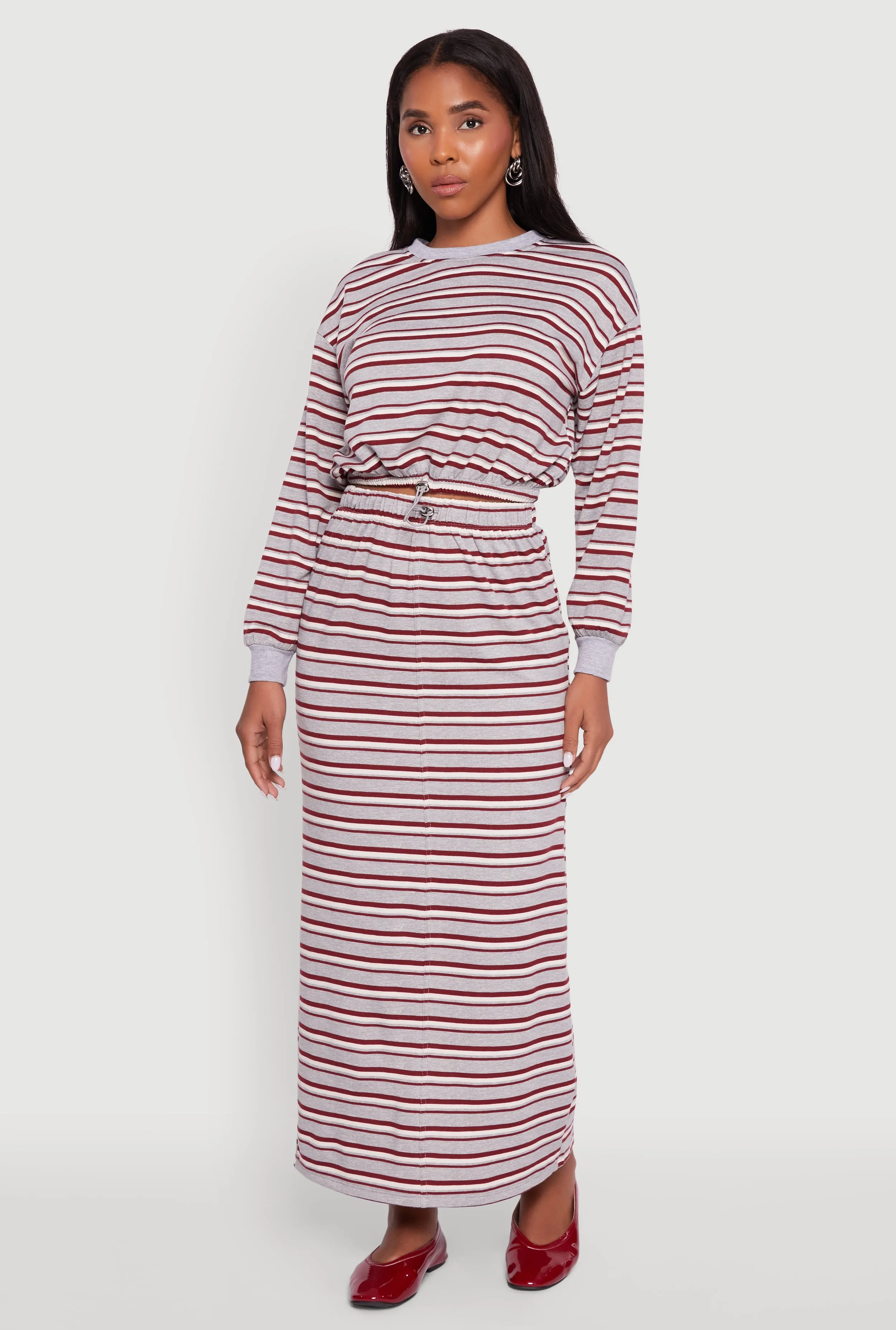 Striped Toggle Drawstring Waist Slit Back Maxi Skirt Clean Mood