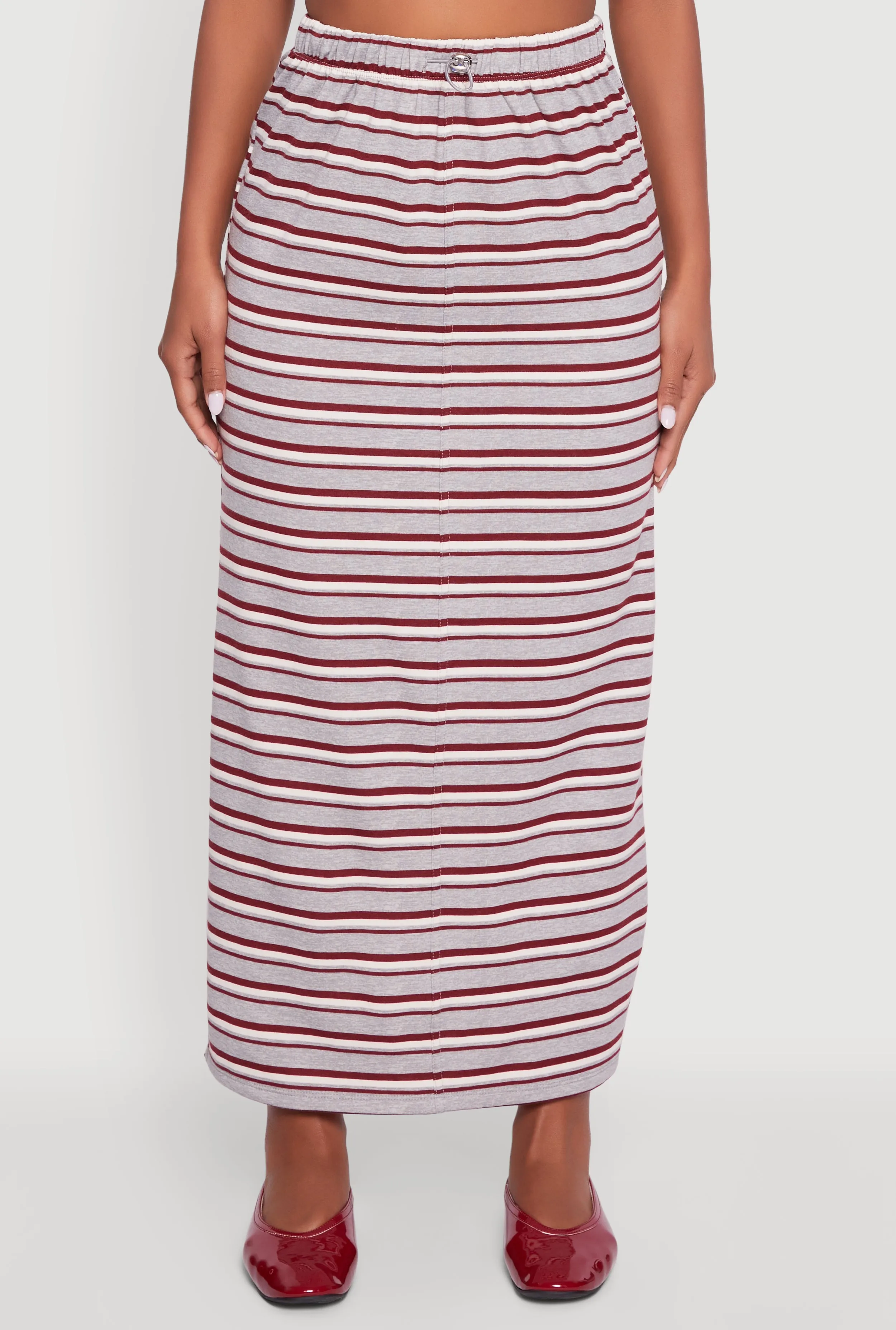 Sleek Appeal A line Striped Toggle Drawstring Waist Slit Back Maxi Skirt